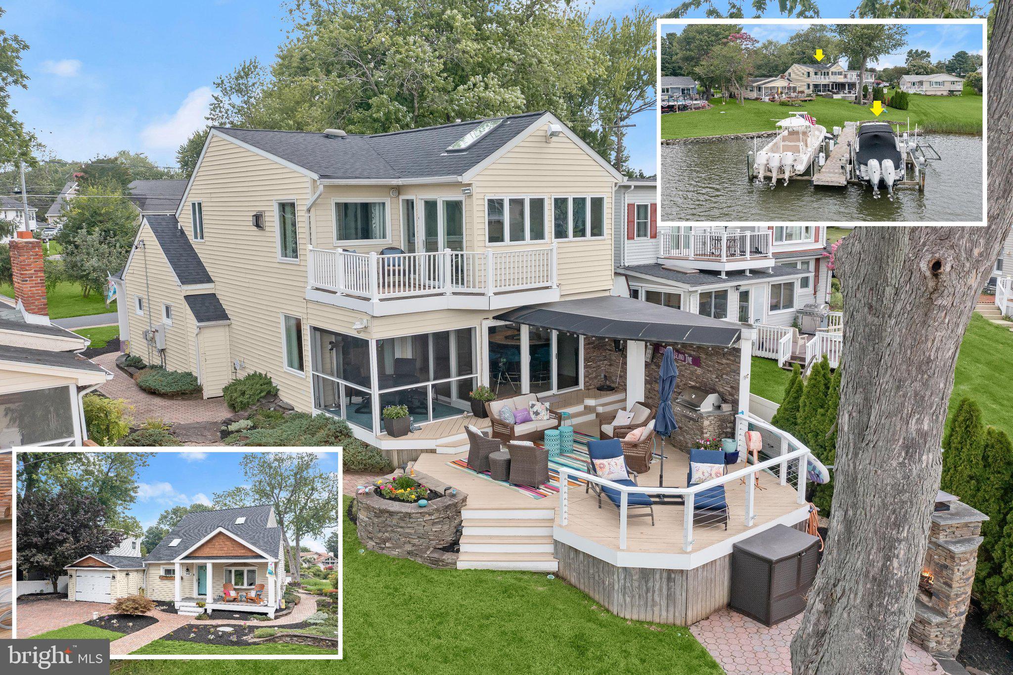 Perfectly positioned on the coveted shores of Turkey Point Island, this exceptional waterfront retreat offers an inviting blend of timeless character, thoughtful updates, and effortless coastal living along the South River. A shared pier with an electric lift provides direct access to the water, making every day an opportunity for boating, fishing, kayaking, swimming, or simply unwinding beside the shoreline.
Inside, two beautifully appointed levels showcase light hardwood flooring, wood ceilings that add texture and a relaxed coastal feel, skylights, custom built-ins, and updated fixtures that enhance both style and function. The kitchen features white cabinetry, upgraded countertops, a vaulted ceiling, stainless steel appliances including a cooktop and range hood, and an adjoining dining room highlighted by a charming bay window. Water views steal the show in the expansive living room and lounge, where an oversized sliding glass door frames the scenery while a gas stove and sleek circular built-in wet bar create beautiful and functional focal points for entertaining. Just beyond, the screened porch offers the perfect setting for memorable crab feasts with tranquil waterfront views.
A main level bedroom with built-ins is complemented by a full bath and convenient laundry room.
The upper level is dedicated to a luxurious primary suite with a soaring beamed cathedral ceiling, a second gas stove, and a spacious walk-in closet with custom built-ins. An adjoining sitting room or private office opens through sliding glass doors to a waterfront balcony, while the spa-inspired bath features a double vanity, soaking tub, and a tiled shower with dual shower heads, a rain head, and body jets.
Outdoor living is equally impressive with a spacious deck complete with a covered portion with awning, stone-accented built-in grill, and sleek horizontal cable railing that preserves the panoramic water views. The outdoor spaces also include a patio anchored by a cozy stone fireplace, creating the perfect setting for relaxing or entertaining by the water. The private pier is equipped with two boat lifts rated for 10,000 and 3,000 pounds, providing exceptional convenience for boating enthusiasts. Additional highlights include a beautifully landscaped setting, paver driveway, attached one-car garage with a 220-volt outlet for an electric vehicle charger, water treatment system, 20 kW generator, upstairs HVAC replaced in 2023, Navien tankless continuous hot water heater replaced in 2023, roof and skylights replaced in 2024, and a new well pump installed in 2025. More than a home, this is a private waterfront retreat where every day feels like a vacation, offering an exceptional lifestyle defined by comfort, serenity, and the beauty of the South River.