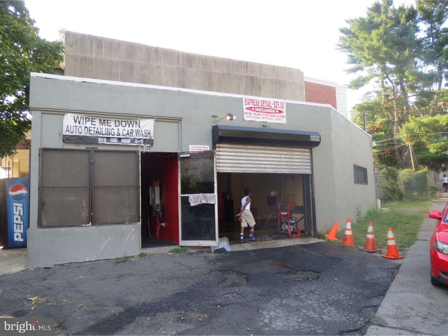 Nice 2 bay garage, with storage room and office, perfect for light mechanical and detailing shop or whatever you want to use it for. Close to Baltimore ave and Cobbs Creek. There is 6 car parking outside on the lot. The lot and building is zoned Commercial. Currently used as a Detail Shop. Has many uses, could be office, with parking for several cars. Close to Public Transportation and Retail Shopping.
