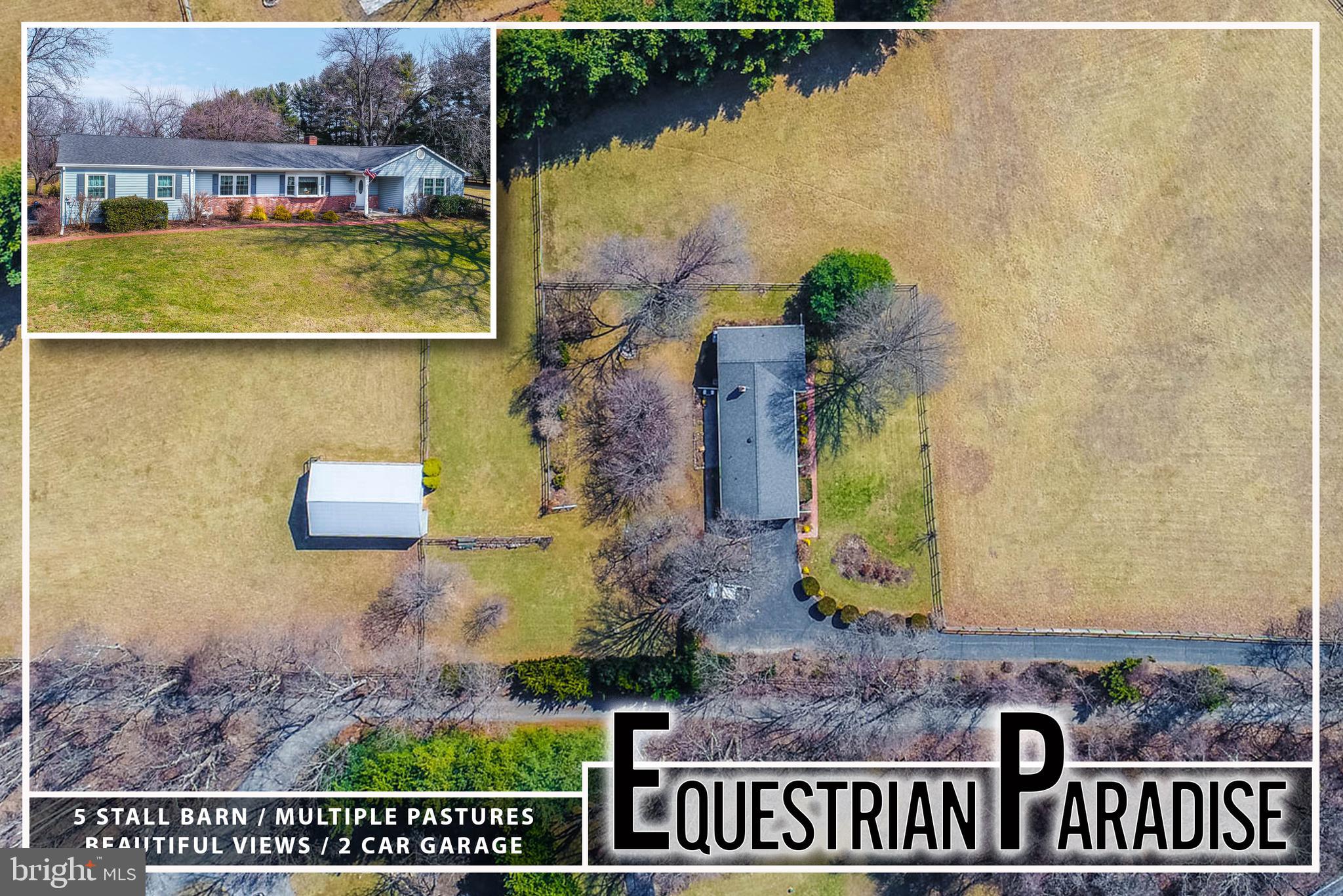 Welcome to your equestrian paradise! Nestled on 5 acres of picturesque land, this charming rancher offers everything you need for both comfort and functionality. With 3 pastures and a 5-stall horse barn, it's a dream come true for horse lovers. The home boasts 2,100 sq. ft. of living space, featuring beautiful hardwood flooring throughout. The spacious eat-in country kitchen provides ample cabinet space, perfect for preparing meals to enjoy with family or guests. Relax in the inviting family room with a cozy wood-burning fireplace, perfect for chilly evenings.  This home includes 3 bedrooms and 2 full baths, including a spacious Primary bedroom suite with 2 closets and an en-suite bath for ultimate privacy and convenience. The main level also offers a laundry room and additional storage space, enhancing everyday living. The full unfinished basement provides endless possibilities for expansion, while the 2-car garage adds practicality to the layout.  Outside, the fully detached barn with 5 horse stalls is a standout feature, and it leads to 3 separate pastures, each offering sweeping views of the rolling countryside. This property offers an ideal blend of rural serenity and modern comfort, perfect for those looking to embrace a peaceful, equestrian lifestyle.  Sold As-Is