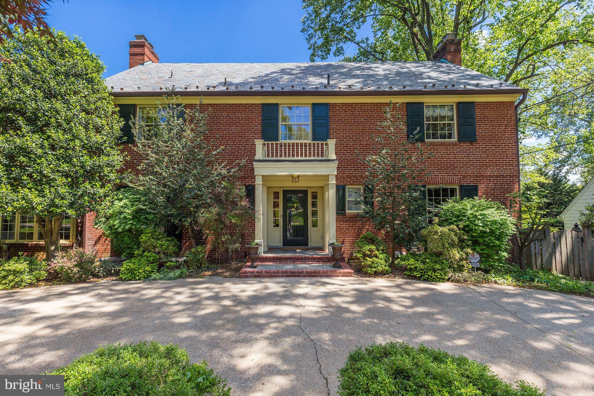 Grand Chevy Chase colonial featuring five bedrooms, three full and one half bath.  Welcoming foyer with steps down to living room with built-ins.  Wonderful kitchen with family space and built-in desk, large dining room with french doors to deck, den and bright sunroom.  Five fireplaces.  Three finished levels and walk-up third floor attic.  Attached two car garage.  Situated on a cul-de-sac.