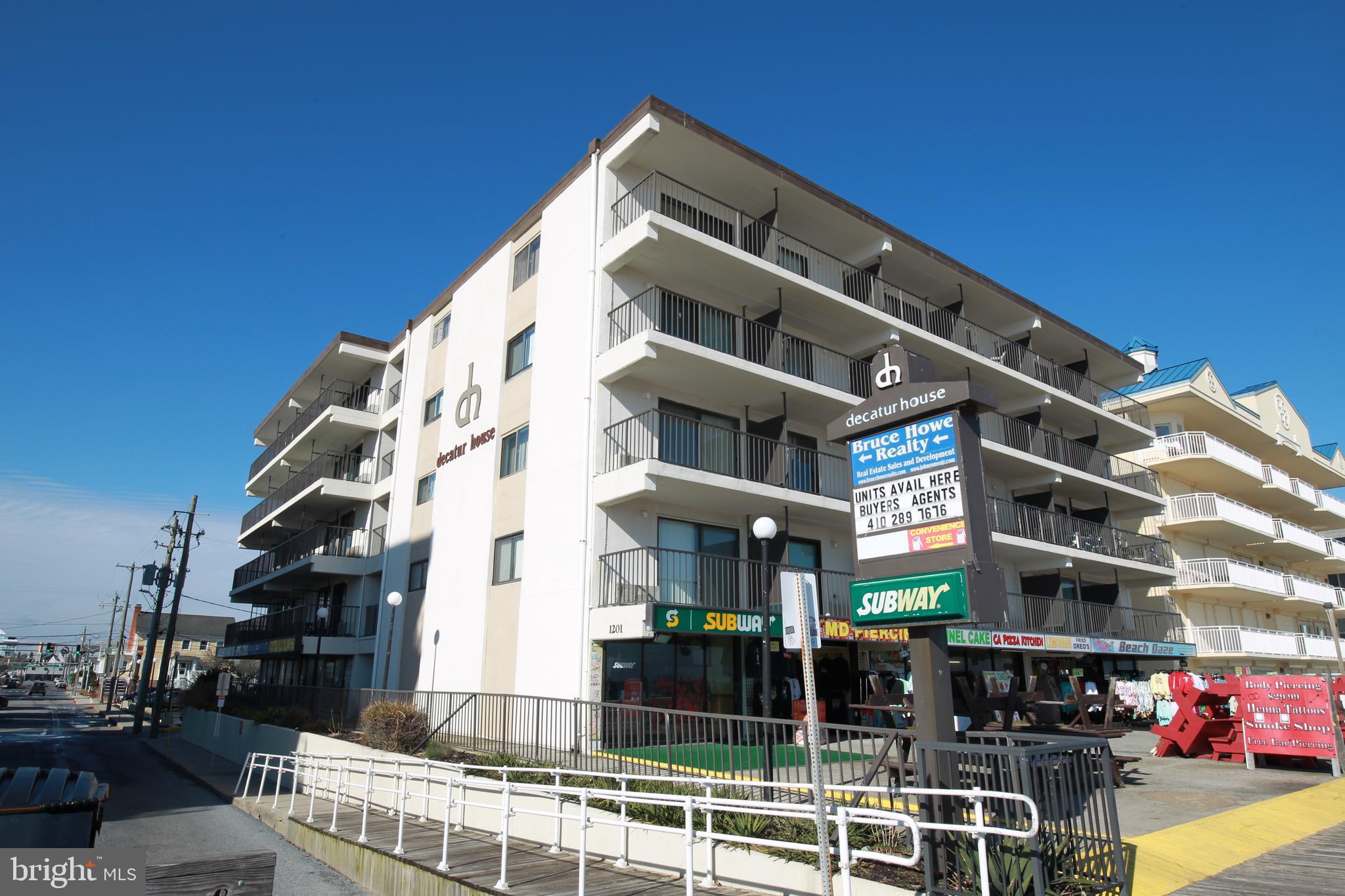 On the Boardwalk, this is a must see direct oceanfront end unit. Listen to the waves crash and watch the dolphins swim by from your private balcony overlooking the boardwalk. Unit has 1 bedroom and 1 bath, and comes fully furnished. Decatur House offers an indoor pool, 1 assigned parking space and extra spaces for guests. Decatur House is located directly off of the boardwalk on 12th Street. Walking distance to the beach, and walking distance to the Ocean City Inlet. Buyer to honor all existing 2021 rentals.