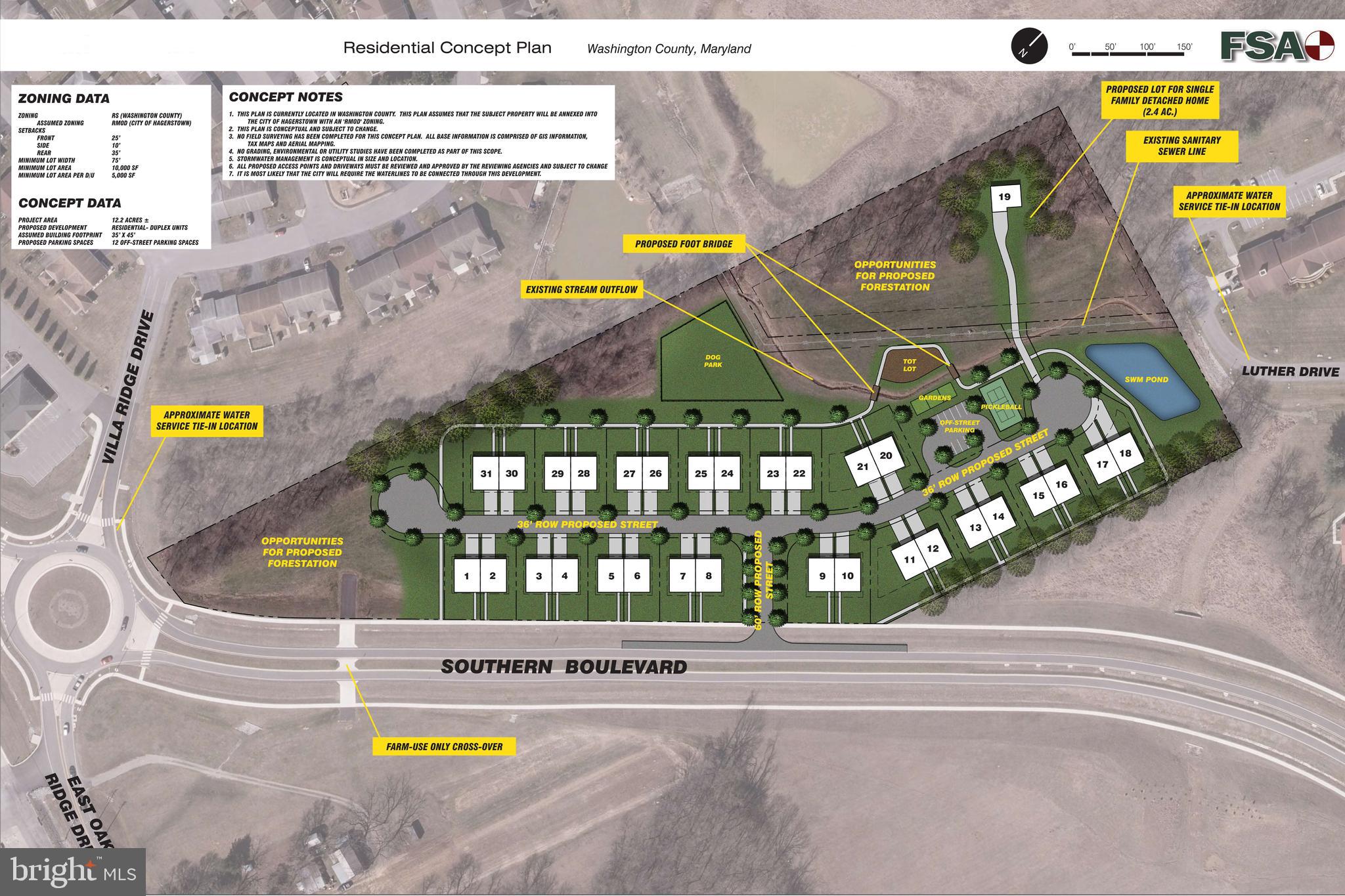 UPDATE.  The City of Hagerstown has now approved the sketch & ESD Stormwater Management Concept plans (effective January 15, 2026).  See docs section.  Initial existing grade to finish grade cut/fill calculations have been determined to be approximately 4,350 cubic yards of cut and 34,350 cubic yards of fill, exclusive of pavement, foundations, utilities, etc.  Existing forestation is approximately 2.26 acres with estimated clearing of 0.19 acres for improvements.  Total required planting would be 0.38 acres or a one-time payment of $6,787 in leu of.  A Geotech report will be completed in conjunction with the final construction drawings with full approval expected by September.  There are no expected impact fees other than permit, construction and utility connection fees.

Excellent development potential for 30 villas in a great location, only minutes to I-70.  12M+ gross sales potential.  Recently annexed into city of Hagerstown.  Sewer currently runs through property, water is approximately 150' away.  City water dept. has commented and with no capacity concerns.