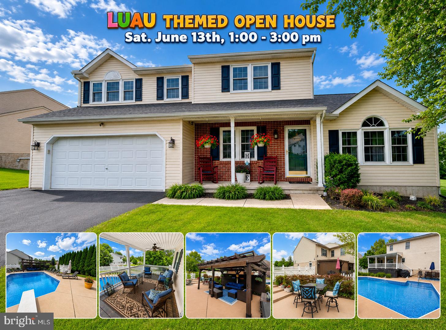 <span style="font-family: Georgia, 'Times New Roman', serif; font-weight: bold; color: red; font-size: 18px;">Open House Invitation to stop by our "Luau Themed" House Tour, on Sat. 6/13, from 1:00 - 3:00 pm.</span>

Welcome to Wheatland Manor in Myerstown, Jackson Township! This tastefully decorated 3 bedroom, 2.5 bath two-story home offers inviting living spaces, stylish updates, and a fenced rear yard designed to feel like your very own private oasis. The living room features cathedral ceilings, creating a bright and open feel from the moment you enter. The upscale kitchen is sure to impress with quartz countertops, a breakfast bar, pantry space, matte black kitchen appliances that remain, and a double oven. Just off the kitchen, you’ll find a breakfast area with French doors leading to the covered raised rear deck, plus a dining room or playroom area with new LVP flooring. The first floor has been freshly repainted and also offers a convenient laundry room/half bath combination.

The second floor features a primary bedroom with a walk-in closet and private bath, along with two additional bedrooms and a second full bathroom. The finished lower level adds even more living space with a family room featuring built-in bookshelves and surround sound, plus a separate gym or office area with electric baseboard heat.

Step outside and fall in love with the rear retreat! The fenced backyard offers an in-ground chlorinated pool with solar lights, steps into the shallow end, a diving board at the 8-foot deep section, and a new liner. Relax in the shade from the 12 x 16 cabana overlooking the pool, enjoy the covered raised deck, rear patio, and storage shed with electric. Additional highlights include replacement windows and roof in 2025, natural gas furnace, Rheem 40-gallon gas hot water heater, gutter guards, and a 2-car attached garage with painted floors, drywall, storage area with sliding barn-style door, and shelving. The driveway was also recently repaved with a 3-inch topcoat. A wonderful blend of comfort, updates, and outdoor enjoyment — this home is ready to welcome its next owner!