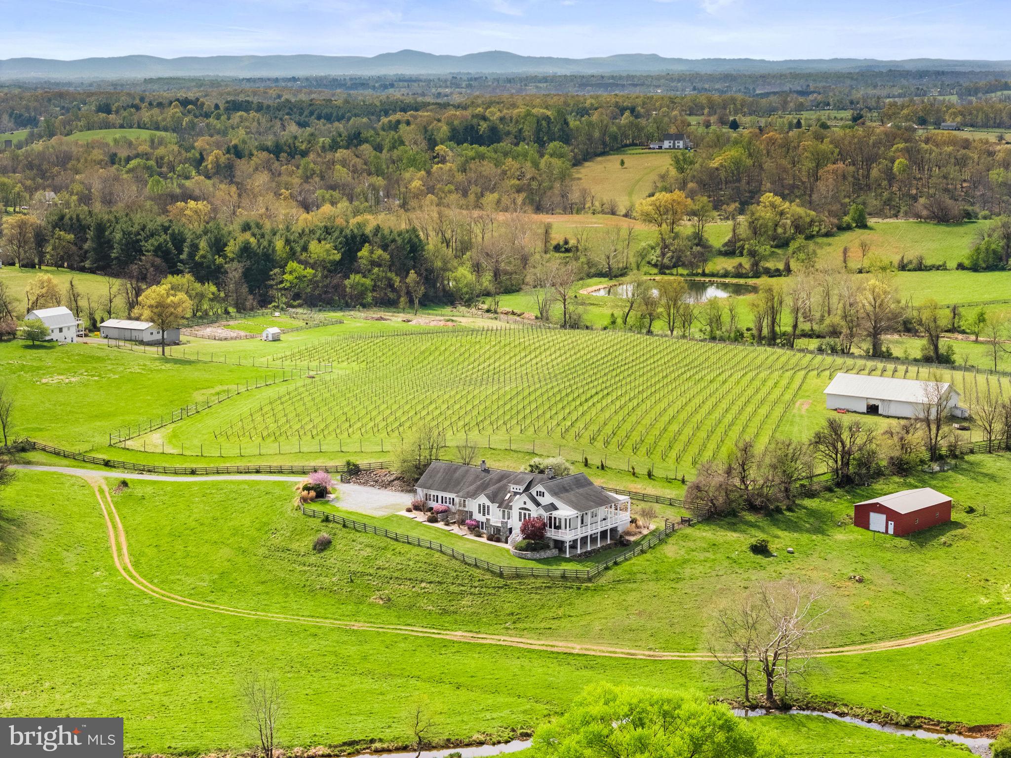 Nestled on over 14 private acres across 2 parcels, this exceptional custom Chadsworth estate offers refined country living just minutes from Round Hill and western Loudoun amenities. This property blends timeless craftsmanship, expansive living spaces, and breathtaking natural surroundings in a premier rural setting with no HOA.

A stately stone and HardiPlank exterior welcomes you to a thoughtfully designed residence featuring nearly 5,700 finished square feet across two levels, with additional unfinished space reflected in tax records. The main level offers true one-level living, anchored by a luxurious primary suite with hardwood floors, tray ceiling, spa-inspired bath with jetted tub, walk-in shower, his and her reading lights and generous walk-in closet (one of eleven total closets within the property). Additional main-level spaces include a formal foyer, sitting room, private office with two sets of French doors, den with built-ins, formal dining room with skylights and balcony access, and a warm living room with double-sided electric fireplace.

The country-style kitchen is both functional and inviting, featuring granite countertops, center island, double wall ovens, ENERGY STAR stainless appliances, skylights, and abundant cabinetry. The adjoining breakfast room includes a second electric fireplace and views of the surrounding landscape. A large mudroom and main-level laundry add everyday convenience.

The fully finished walkout lower level offers remarkable flexibility with four additional bedrooms, multiple Jack-and-Jill baths, a recreation room, bonus room, and den—ideal for guests, multi-generational living, or home-based workspaces. Each bedroom offers generous proportions, walk-in closets, and access to full baths.

Architectural details throughout include vaulted, tray, and two-story ceilings, hardwood flooring, chair rail and wainscoting, recessed lighting, skylights, and expansive windows that frame pastoral and creek views. The home is equipped with zoned HVAC, propane-owned heating system, humidifier, dehumidifier, air filtration system, and energy-efficient windows and appliances.

Outdoors, the property offers endless possibilities—gardening, recreation, or simply enjoying the serenity of creekside living. The attached side-entry two-car garage complements the home’s thoughtful layout, while the rural AR-1 zoning provides flexibility and multiple of potential use options.  The 30'x50' metal barn/workshop with electric coupled with the two stall run-in at the back of the property offer significant possibilities for future use. 

Conveniently located near Route 7, historic Round Hill, wineries, and outdoor recreation, and served by Round Hill Elementary, Harmony Middle, and Woodgrove High School, this rare offering combines acreage, water frontage, and luxury living in one of Loudoun County’s most scenic settings.

Note: aerial photography property lines on photos are an approximate estimation.
Roof: 2008