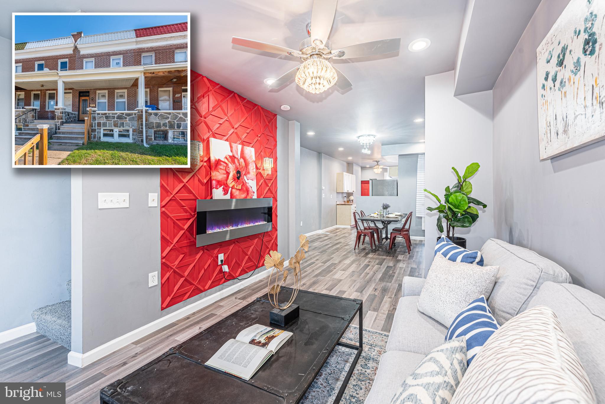 DESIGNER PORCH FRONT ROWHOME WITH A WIDE ARRAY OF DISTINCTIVE DETAILS!  Features include a spacious living room with a custom accent wall with an electric fireplace, a separate dining room, a Chef's kitchen with ss appliances and butcher block counters, upper level with 3 bedrooms and 1 full bath with a whirlpool tub, a fully finished basement with a family room with an electric fireplace, a 4th bedroom, and a 2nd full bath with a whirlpool tub, high end alarm system with new front and rear metal doors, and a rear deck with off street parking!  Pack your bags and move right in!