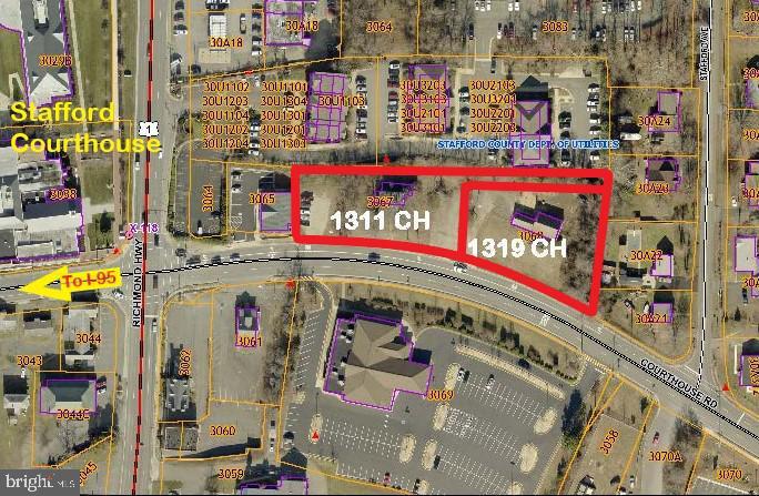 INCREDIBLE INVESTMENT OPPORTUNITY IN HEART OF STAFFORD COURTHOUSE REDEVELOPMENT AREA. 1311 AND 1319 COURTHOUSE ROAD SOLD SEPERATE OR TOGETHER! VISIBLE FROM US 1 HWY AND ZONED B-2 COMMERCIAL. TOTALING 0.63+/- WITH COMMERCIAL BUILDING. (Buildings being sold "as is" and in need of renovation. Greatest value is in the land but great potential with the improvements.) Walking distance to Stafford Courthouse and Government Center and Stafford Elementary School and Approx. 1 mile to Stafford Hospital and new I-95 Interchange. 1311 Courthouse Road, formerly a law office, is zoned B-2 Commercial and offers 2,856 sqft of space with 1,512 sqft finished. 1319 Courthouse Road, formerly a day care center, zoned b-1 Commercial and offers 2,712 sqft finished space. US 1 Highway widening in this area is planned to begin in near future and, once complete, will increase the visibility and desirability for business growth in this area.