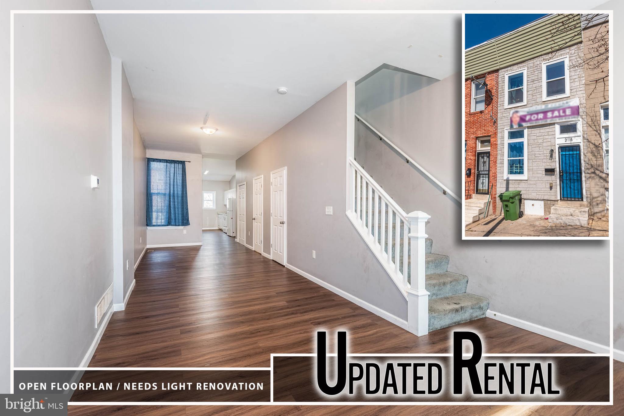 EXCELLENT VALUE FOR THIS UPDATED ROWHOME!  Light renovation needed but tons of potential! 
 Wood laminate flooring throughout the main level, a spacious living room, convenient half bath, and a kitchen with ample cabinet space.  Upper level with 3 bedrooms and 1 full bath, an unfinished basement for storage, and a fenced rear yard.  Located close to Johns Hopkins & steps from Collington Square.  Property is sold As-Is!  If there is a ground rent, seller will not redeem.  Third Party Approval Required with a quick turnaround