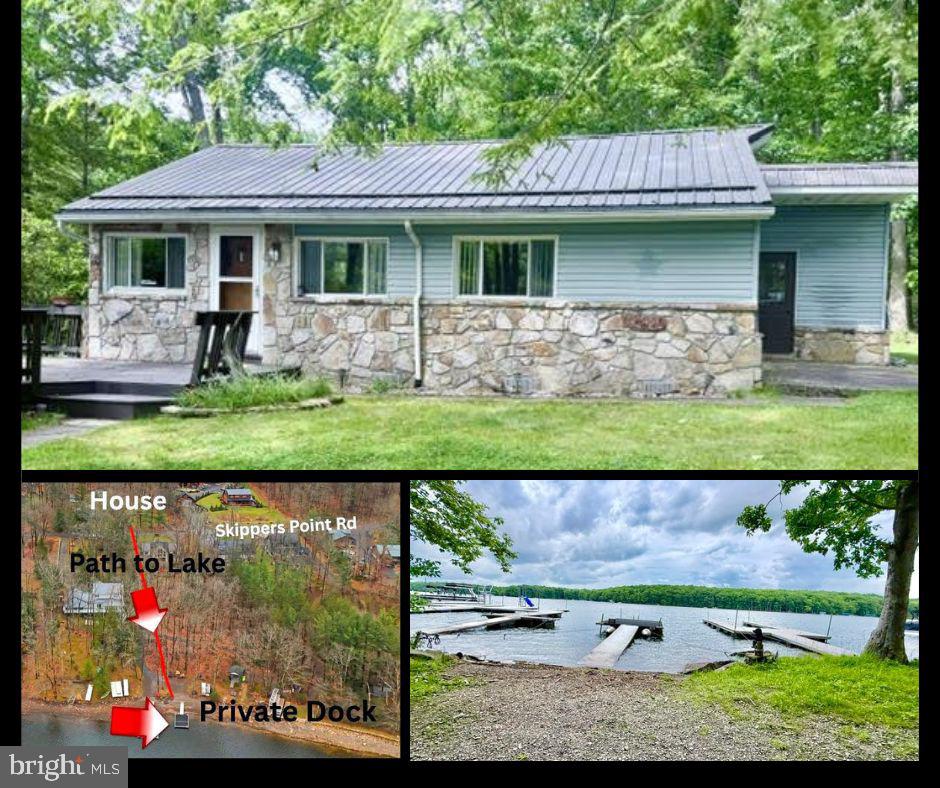 Lake cottage (5 Bedrooms) on large level lot with path to your own private class A dock & 25' of Lakefront, directly across the street.  This comfy (one level living) cottage sits on 1.8 level acres with 2 storage garages and mature landscaping. 5BRs, open living, dinning & kitchen area, with lots of sunlight.  1 full & 1-1/2 bath, with 5 Bedrooms! Laundry room located off back of the home. Cute and cozy, well maintained and move in ready, with sleeping for 12 heads on beds (several bunks)!  2 garages with plenty of storge for your lake & yard toys.  The lot has mature landscaping & circular paved driveway, for easy in and out during all seasons.  Private path to your lakefront dock is an easy walk across the street.  Nice level lake front, no steps to go onto your dock! Buydown Included on Lakefront.  Great opportunity to get onto the lake at an affordable price, call agent to set up an appointment or with any questions.