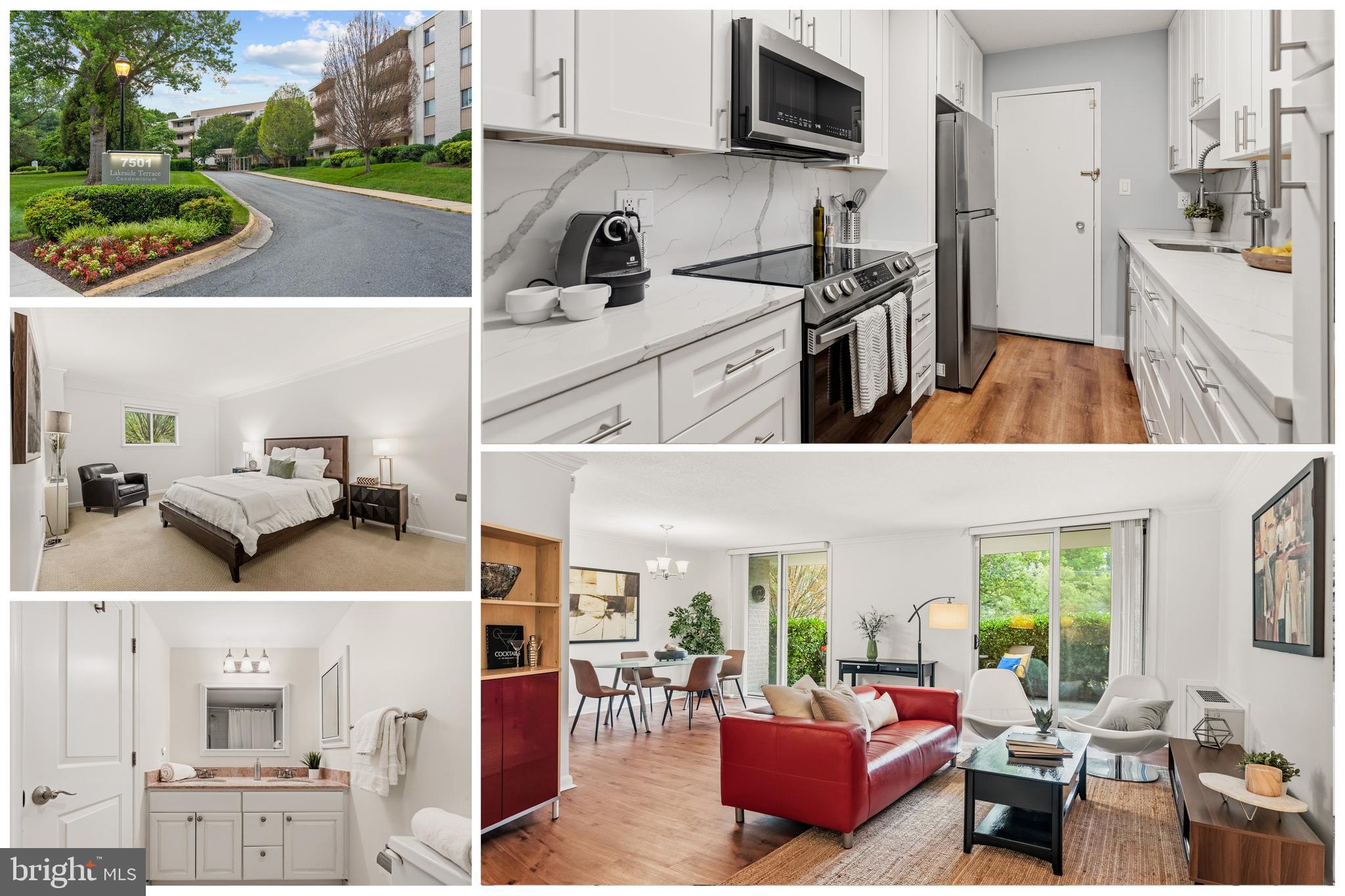 Extraordinary condo, phenomenal community! Conveniently located in one of Bethesda’s most vibrant areas, this cherished, gorgeous & bright two-bedroom, lobby-level home offers over 1,150 square feet of comfortable living space with its own huge private patio, separately deeded garage parking steps from the elevator, extra storage, and amenities galore! The stunning renovated kitchen boasts beautiful white cabinetry, breathtaking quartz countertops & continuous backsplash, and stainless-steel appliances while the primary bedroom has a colossal walk-in closet and its own access to the beautifully updated bath, complete with double vanity. Natural light floods the space thanks to two sets of crystal-clear double-pane sliding glass doors in the open living area & recently upgraded windows throughout. Gleaming LVP flooring, fresh paint, crown molding, and luxurious textured carpet in the two large bedrooms are only a few of its other charms! The Lakeside Terrace community is alive with walking trails, a picnic area with picture perfect views of the lake, a lifeguard monitored swimming pool, & tennis courts, plus social events like movie-nights, bingo, and cookouts. An easy walk to neighboring Cabin John Park, Westfield Montgomery Mall, & the Pauline Betz Addie Tennis Center, only minutes to I-495 & I-270, Metro, NIH & Walter Reed!