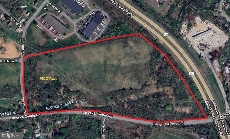 +/- 28.4 acres with flexible zoning for sale. Situated within the O/LI zoning district, it accommodates a range of industrial, office, and commercial uses. Preliminary concept plans indicate the potential for a 150,000+ square foot building footprint.

With an impressive  1,000 feet of frontage along Limerick Center Road, accessibility can be further enhanced by the possibility of access via Windsor Road, facilitated by an easement agreement with the adjacent property owner. PECO may also be willing to provide a driveway under the power lines which bisect the property.

Take advantage of exceptional visibility and signage opportunities along Route 422, where traffic volume reaches 55,000 vehicles daily. Positioned directly across from the prestigious Linfield Corporate Center in Limerick Township and just one mile from the Rt. 422 interchange, this location offers seamless access to major routes including Rt. 76, 276, 476, 202, 29, and 100. Additionally, public gas, water, and sewer connections are conveniently nearby.

The surrounding area features amenities such as the Limerick Outlets, restaurants, hotels, and ample housing options. The asking price for this prime property is $2,500,000. Call for additional information including a full copy of the zoning code, plans and easement details.