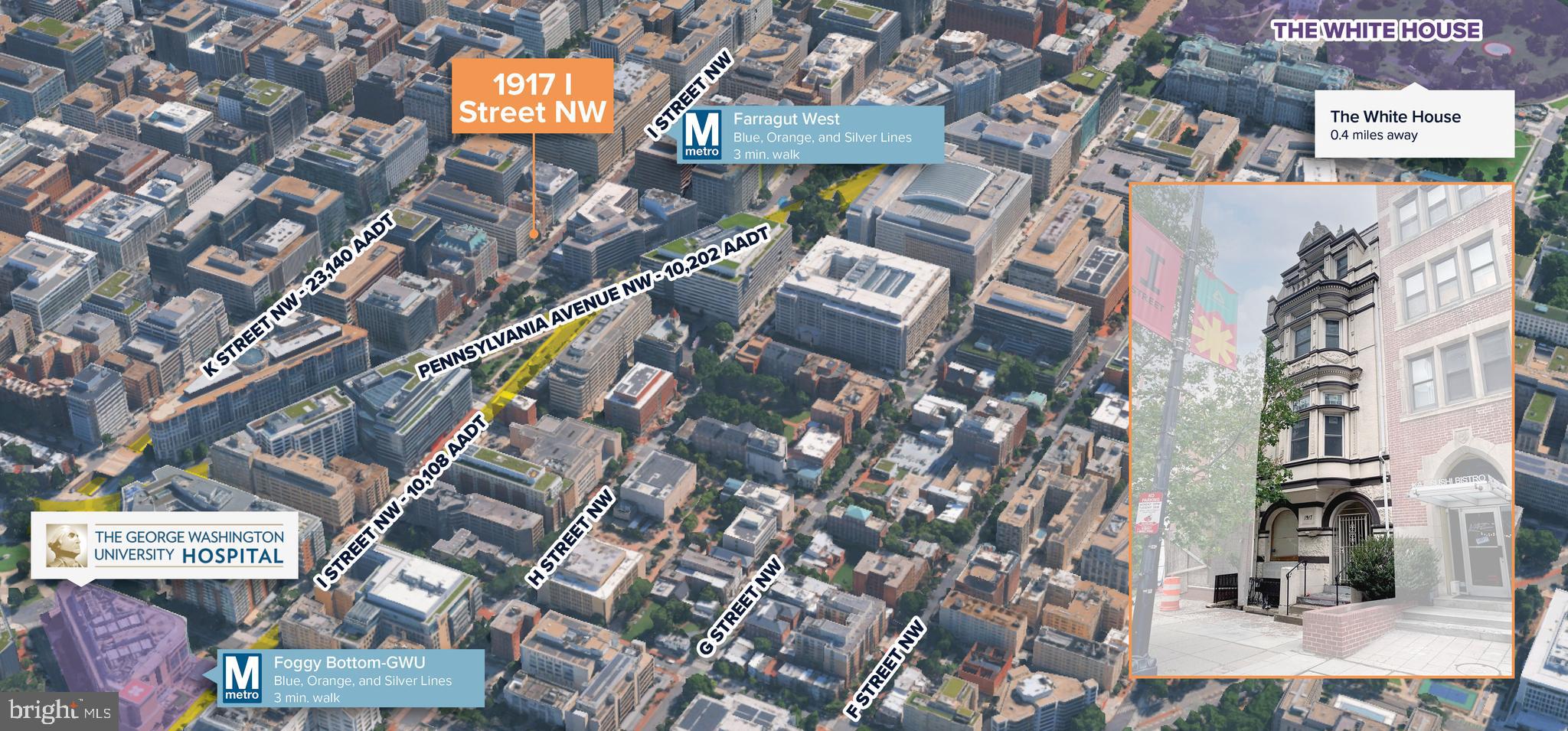 6,145 SF existing office building with D-5 zoning, offering a strong foundation for an owner-user or investor in a highly desirable DC submarket.

By-right development potential up to 10,849 SF, providing a rare opportunity to capitalize on significant unused density and increase overall value

Located approximately .5 miles from The White House, Farragut North/ West Metro Stops, placing the property in one of the most prestigious and recognizable locations in Washington, DC.

Positioned one block off the K Street Corridor and two blocks from Western Market, offering immediate access to a vibrant mix of office, retail, and dining amenities.

Ideal for an office/medical owner-user or developer, with flexibility to occupy, reposition, or redevelop in a supply-constrained, high-demand area.