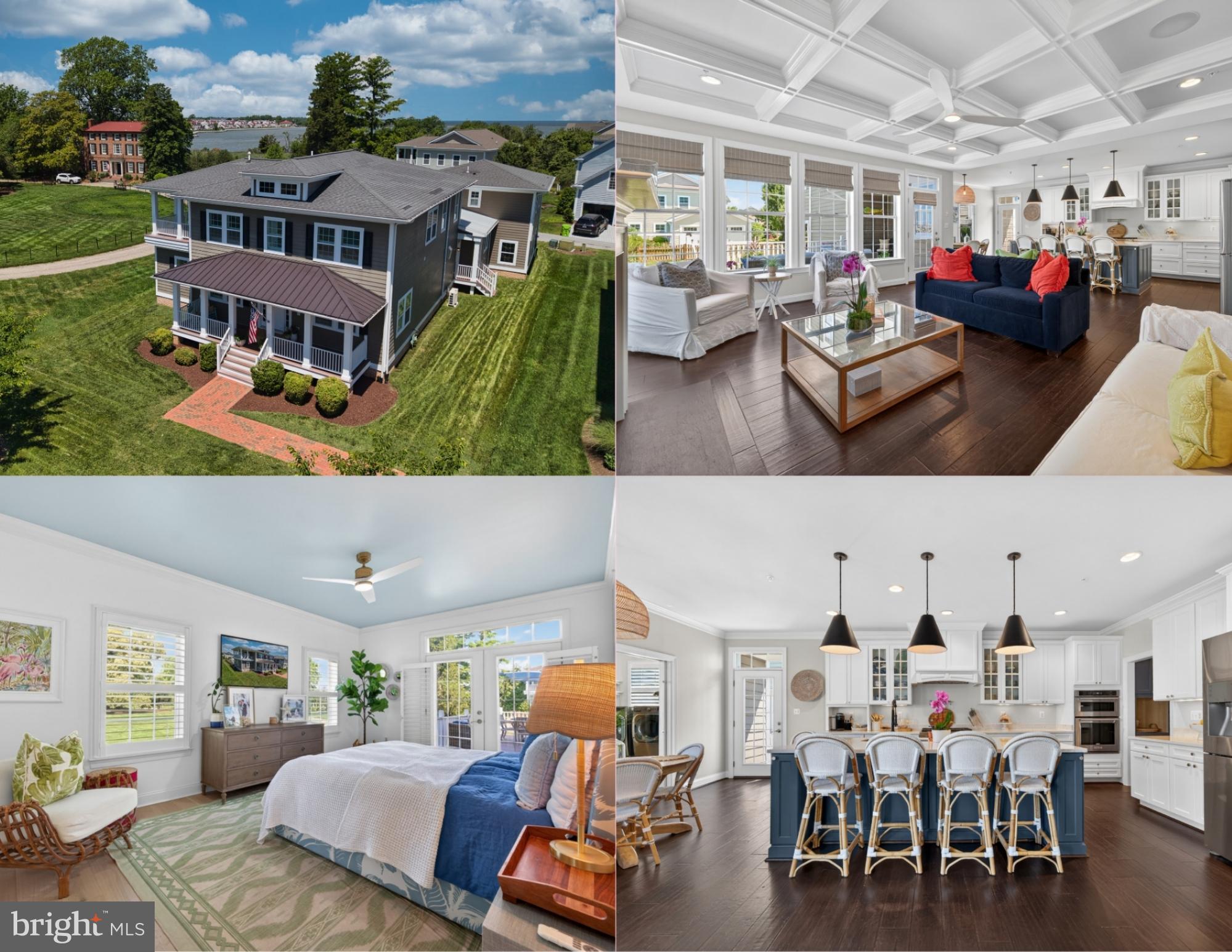 Welcome to this exceptional coastal retreat in the sought-after community of Gibson’s Grant on Kent Island, offering expansive views of the community pond and Macum Creek. Blending timeless architectural details with modern updates, this beautifully appointed home delivers luxury waterfront living in one of Kent Island’s most desirable neighborhoods.
At the heart of the home, the open-concept living and kitchen spaces are thoughtfully designed for both everyday living and entertaining. The light-filled gourmet kitchen features an oversized center island with ample seating, custom built-in banquette dining with additional storage, stainless steel appliances, and seamless flow into the spacious family room. A striking coffered ceiling and extensive custom built-in cabinetry add warmth, character, and functionality to the main living area. 
The main-level primary suite offers newly installed engineered hardwood flooring, elegant French doors, and sweeping views of the water and expansive backyard. Throughout the home, fresh interior paint, plantation shutters, and custom window treatments create a clean and refined aesthetic.
The second level features generously sized bedrooms along with a large bonus living area perfect for recreation, media space, or additional lounge seating. Step outside onto the covered upper-level porch to enjoy peaceful elevated water views. Above the garage, a private apartment with full bath provides exceptional flexibility as a fifth bedroom, guest suite, or home office and is equipped with two new high-efficiency mini-split systems for personalized comfort.
Outdoor living is equally impressive with a spacious rear deck overlooking the fully fenced backyard, professionally manicured landscaping, and protected natural surroundings. A wide driveway offers ample parking, a rare feature within Gibson’s Grant.
Ideally situated on a quiet street just steps from the scenic Cross Island Trail, residents enjoy access to resort style community amenities including a pool, fitness center, fishing pier, playground, bocce ball court, kayak launch and storage, clubhouse with fitness center and meeting room, nature trails, and waterfront pavilion and grills. Experience the best of Eastern Shore living in this thoughtfully designed coastal home surrounded by the natural beauty of the Chesapeake Bay. Just a short drive to Route 50, providing easy access to local dining, shopping, and commuter routes to Annapolis, Baltimore, and Washington DC. Schedule your tour today!