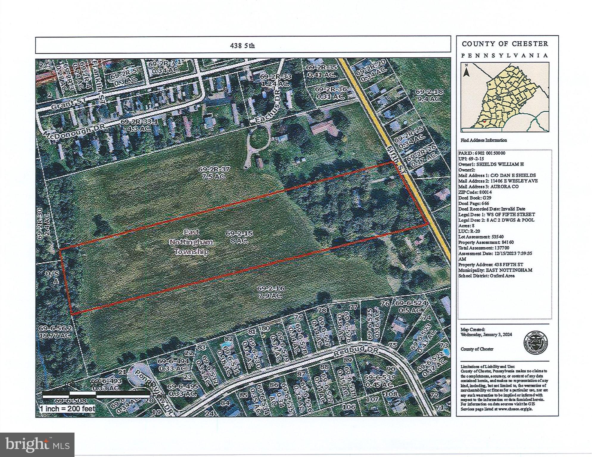 8 +/- Acres land in Southern Chester County well situated near schools and other developed property. An adjoining 7.9 +/- acres is also available for sale. The combination of these two properties have potential for a nice small community or an expansion of the adjoining Twin Ponds neighborhood. Please check with the  township directly with any zoning questions. Public water and sewer are nearby. There are two homes on the property. They are not habitable.  Do not enter either homes.