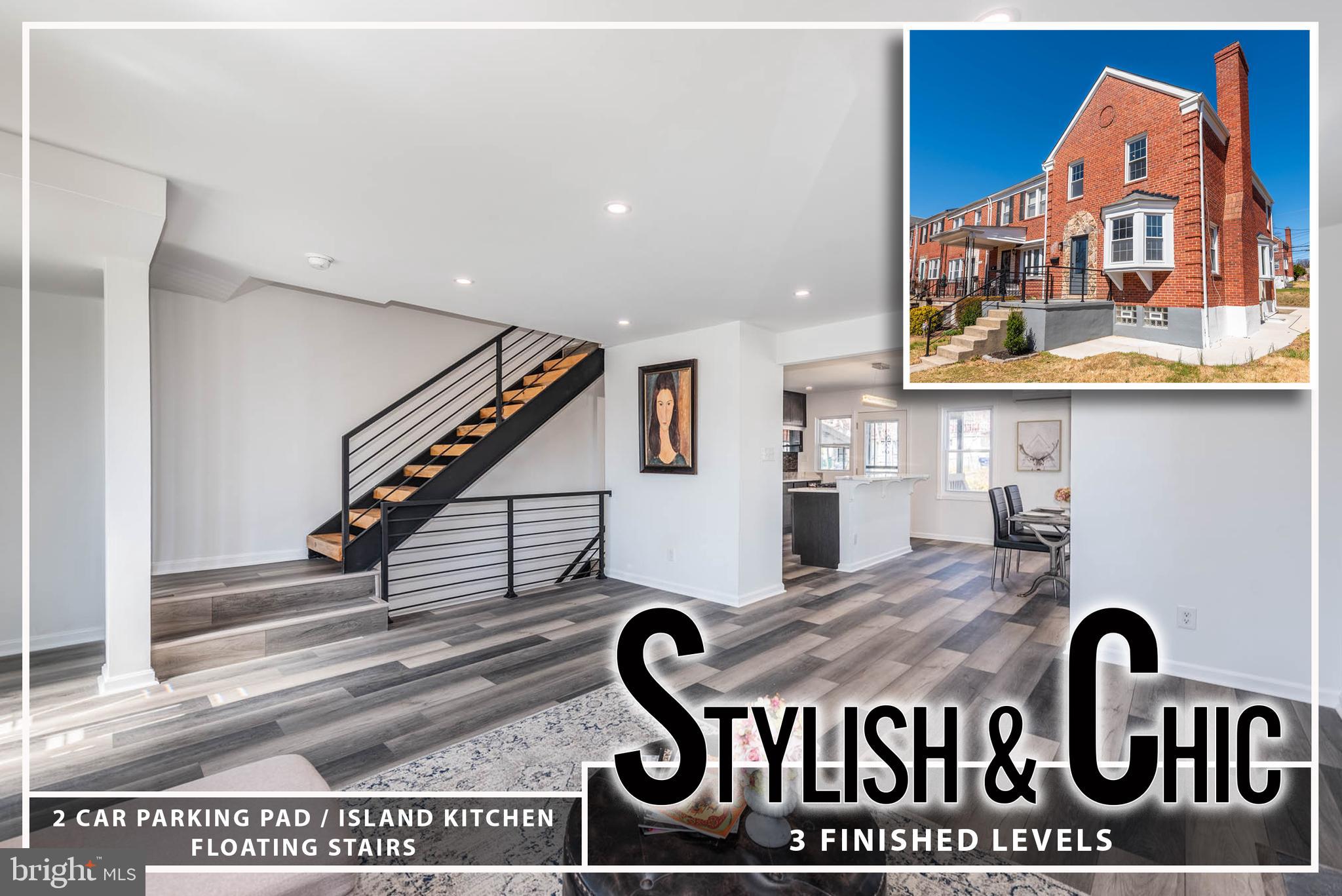 Step into this beautifully renovated, modern minimalist end-of-group rowhome, where every detail has been thoughtfully curated for comfort and style. The open floor plan creates a seamless flow from room to room, with luxurious LVP flooring that spans the entire home, adding a sleek and contemporary touch to every space.  The living area is the perfect blend of warmth and sophistication, highlighted by a stunning mosaic tile fireplace that adds both visual interest and a cozy ambiance. An electric outlet is conveniently integrated, allowing for easy setup of your entertainment center or additional features. The floating stairs create a striking focal point, enhancing the airy, open feel of the home.  At the heart of the home is the island kitchen, designed with both beauty and functionality in mind. The sparkling Quartz countertops offer ample space for meal prep, while high-efficiency Whirlpool appliances provide top-notch performance for the modern chef. A spacious pantry, tucked behind a charming barn door, ensures plenty of storage for all your kitchen essentials.  The primary bedroom suite is a true retreat, with a spacious walk-in closet and an en-suite bath that feels like a spa. Enjoy the luxury of a glass walk-in shower with a mosaic tile surround, offering a sophisticated touch of elegance. A heated towel rack adds a layer of comfort, perfect for chilly mornings.  The finished lower level expands the living space, featuring a cozy family room, a third bedroom for guests or family, and a third full bath with stylish finishes. Whether you're hosting friends or relaxing in privacy, this space provides versatile options for any need.
Convenience is key with driveway parking for two cars, eliminating the hassle of street parking. The home is equipped with a multi-zoned mini-split system, featuring five wall-mounted units that offer individualized comfort in every room, ensuring perfect temperature control throughout the year.  This home is the perfect blend of contemporary design, functional space, and modern amenities, making it an absolute must-see!