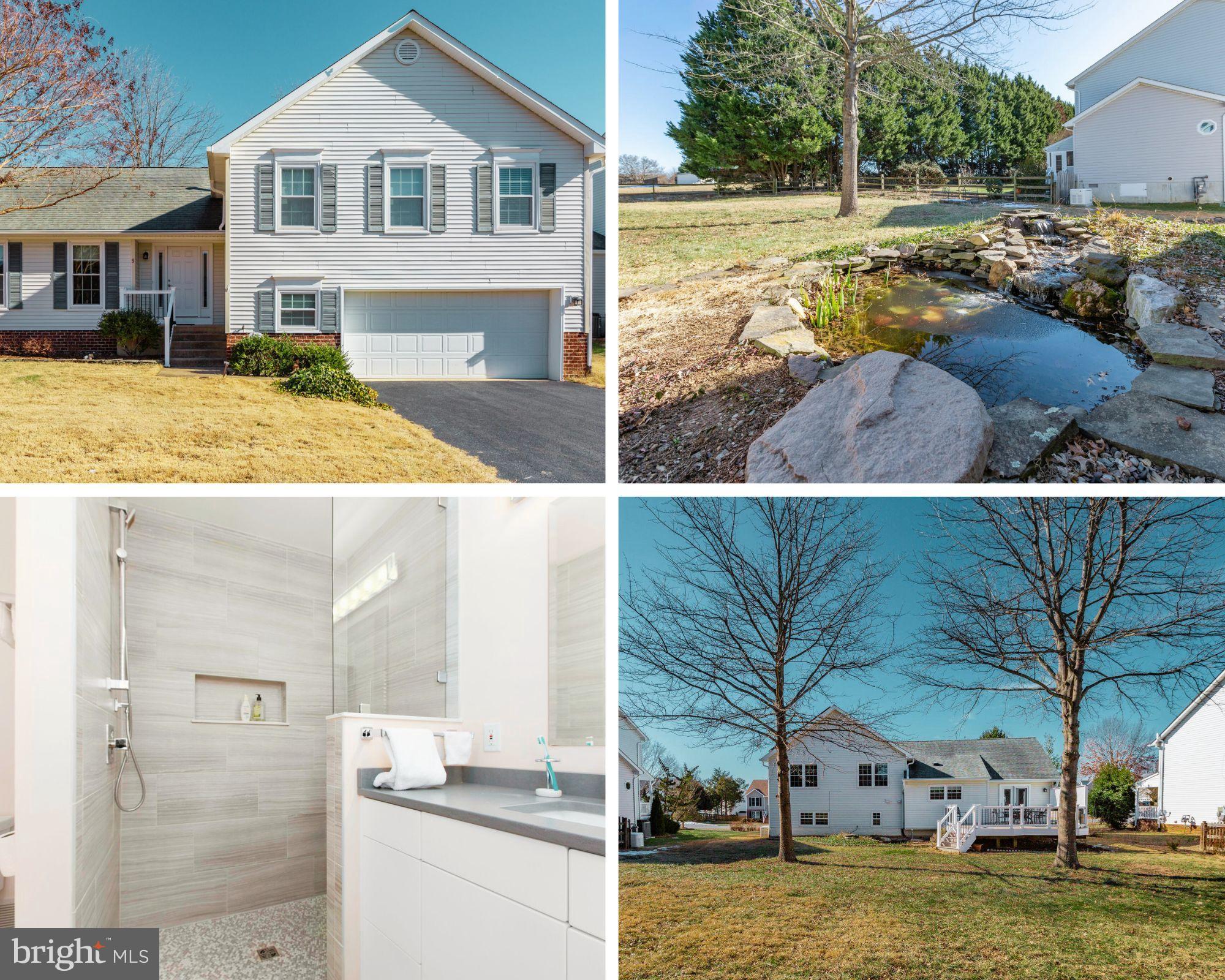 This impressive  tri-level home in Stafford County zip code 22405 is located on a cul-de-sac in a neighborhood with no HOA fees. Conveniently located near schools, 1+ miles from a VRE commuter rail station; close to shopping, parks, the YMCA and historical downtown. High quality workmanship and upgraded fixtures make this home better than new. Hardwood flooring connects the foyer, coat closet, eat-in kitchen with updated fixtures, living room with a gas- fired fireplace, stairways and formal dining area which exits onto a large Trex deck - perfect for outdoor dining, entertaining and relaxation. The deck looks out onto a spacious fenced backyard, a Koi pond with a cascading waterfall and a large shed. Upstairs are three roomy, carpeted bedrooms and two fully-updated baths. The master bedroom has a recently renovated en-suite bathroom with a walk-in shower. The second and third bedrooms share a renovated hallway bathroom with updated fixtures.The carpeted family room and renovated half bath are bright and airy. The two-car garage - with ample storage - is accessible on this level. Energy efficient windows and solar panels have reduced the current owners' electric bill to an $8.98 per month hookup fee. A Generac generator provides reliable power during an outage. Meticulously maintained this house is move-in ready.  Don't miss out on this opportunity as a home like this won't stay on the market for long!