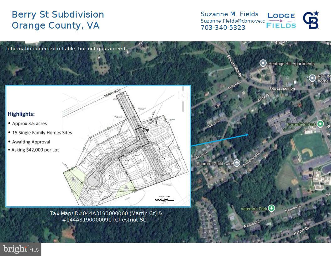 If you or your company is seeking a project to take over, this is it!  Step right into this incredible development project, The Berry St Subdivision, in the beautiful town of Orange, VA.    • Approx 3.5 acres  • 15 Single Family Homes Sites

This is one of 3 development parcels being sold -- can be purchased all together or separately.  The other two are as follows:    
Miller Rd Subdivision: 044A3190000060 (Martin Ct) 044A3190000090 (Chestnut St) 
Keen Rd Subdivision:  044A300100012A