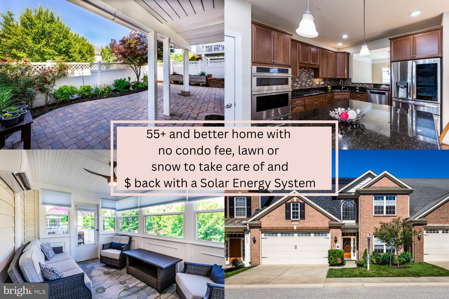 NEW PRICE   No Condo FEE.  Own the land with fee simple ownership. This brick front beauty is located in the desirable 55+ neighborhood, The Enclave at Ellicott Station. This home will save you money $ with the owned Solar Energy System.   You will be greeted by a two-story grand foyer with hardwood floors that carry through most all of the main level. The adjacent separate dining room is enhanced with both chair and crown molding and shares an open pass through to the gourmet kitchen which serves as the heart of this home. Stainless steel Jenn Air appliances, a down drafted gas range and granite countertops surround the oversized granite topped center island. Both the kitchen and island seating area are wide open to the cozy family room with a gas fireplace, ceiling fan, and included wall mounted television. Stepping past the family room, the new homeowner will immensely enjoy their fully finished, climate-controlled sunroom with ceiling fan allowing you to open up and enjoy the fresh air on cooler days. There are also plenty of open deck area for getting your morning dose of vitamin D and alfresco dining. The main floor primary suite is fit for a king, sized bed that is with plenty of room to spare! It features an expansive walk in closet and a spa inspired luxurious bathroom with double sinks, a private water closet, a walk in shower and a separate soaking tub. The versatile upper level lends to many different usage options, boasting three spacious bedrooms, a full bathroom and an open living area overlooking the foyer as well as a large storage closet. The daylight lower level with its walkout exit adds even more bright and functional living space including a fifth bedroom, full bathroom, second family room with included wall mounted TV, a massive storage room and a workshop area. Outdoors, the fenced backyard features a paver patio and mulched perennial beds with direct access to lush green space and community walking trails. Modern upgrades include owned solar panels, EV chargers, two Tesla battery storage units, and Maryland-themed garage floor tiles. Homeowners can opt to further enhance their daily living by enjoying the scenic walking paths and utilizing the community’s well-appointed clubhouse offering a fitness room, kitchen, game room, gathering space, patio and gazebo.  See details in photos and documents for Solar Savings and Improvement List.