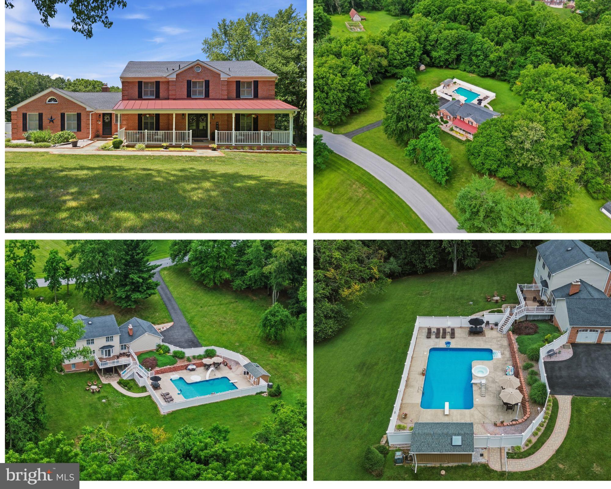 Welcome to this beautiful brick-front Colonial, perfectly situated on 3.12 picturesque acres in sought-after Southern Frederick County within the highly acclaimed Urbana School District (New Green Valley Elementary, Windsor Knolls Middle, and Urbana High School). Nestled in the established community of Green Valley Estates, this exceptional property offers the perfect blend of privacy, tranquility, and convenience—just minutes from Routes 355, I-270, and I-70 for an easy commute. Designed for both everyday living and entertaining, the backyard is truly a private retreat. Enjoy endless summer days in the impressive 40' x 20' heated pool featuring an attached spa, waterslide, and pool house complete with cabinetry, towel cubbies, a refrigerator (conveys), and space for an additional beverage cooler. Whether hosting family and friends or simply unwinding, this outdoor oasis is sure to impress.
A welcoming covered front porch and double-door entry lead into a dramatic two-story foyer, setting the tone for the warm and inviting interior. The open floor plan centers around a custom-designed island kitchen featuring granite countertops, stainless steel appliances, a brand-new refrigerator and range, an additional wall oven for holiday entertaining, abundant cabinetry, and a spacious dining area with sliding doors opening to the rear deck overlooking the private pool and backyard. The large dining room flows seamlessly into a charming sitting room with custom built-ins and connects to the kitchen and family room, where a wood-burning fireplace creates the perfect gathering space. Completing the main level are a private office with built-in shelving, a powder room, a laundry/mud room, and access to the oversized two-car garage and driveway with tons of parking. Upstairs, you'll find brand-new carpeting throughout, a spacious primary suite with a beautifully updated bath featuring a double vanity, ceramic tile shower, soaking tub, and large walk-in closet, along with three additional generously sized bedrooms and an updated hall bath. The finished walk-out lower level offers exceptional flexibility with an additional bedroom, full ceramic bath, recreation room (including a 85" television that conveys), ample storage, and direct access to the backyard, pool area, and fire pit. Lovingly maintained and thoughtfully updated, this remarkable home is truly move-in ready. From its inviting interior to its resort-style outdoor amenities, every detail has been designed for comfortable living and memorable entertaining. Now it's ready for its next owners to enjoy everything this wonderful property has to offer.