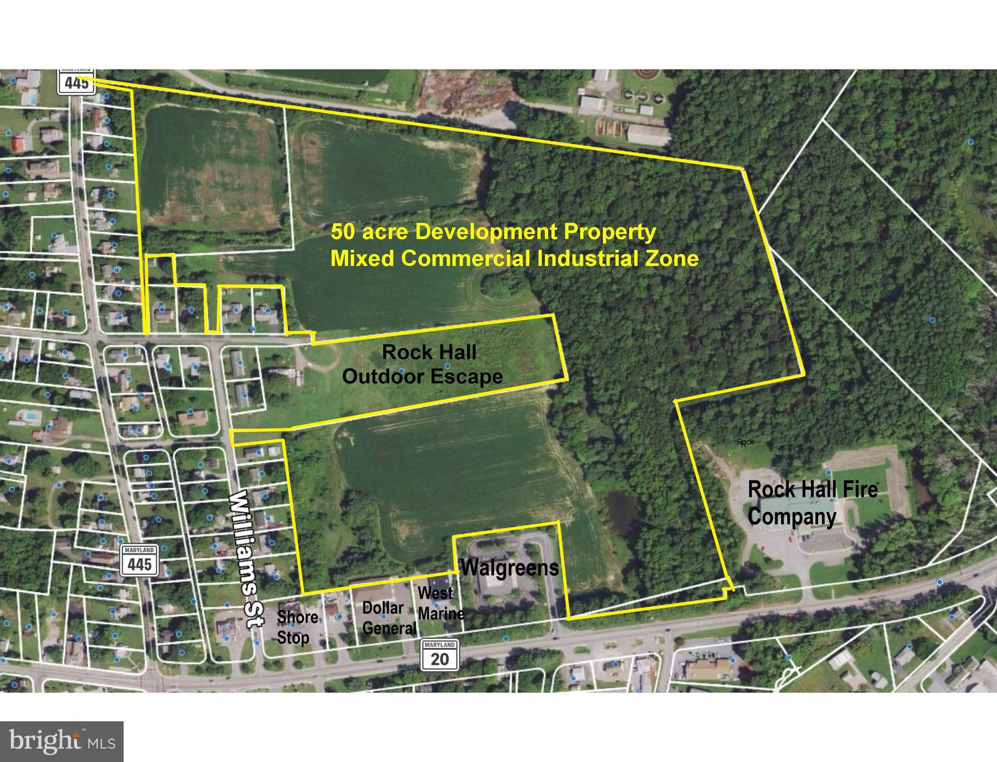 50 acres of mixed use development property within Rock Hall town limits. Great location with access via state highway/MD Rt. 20, and 3 town roads; almost 1000 ft of road frontage.  The property is partially cleared and includes a small area of wetlands that would make a nice pocket park within the development.  Public water and sewer service hook ups are available. Fiber optic cables are buried along Rt. 20 and could serve this property.  Rock Hall is a popular vacation, hunting and fishing destination with year round events and activities.