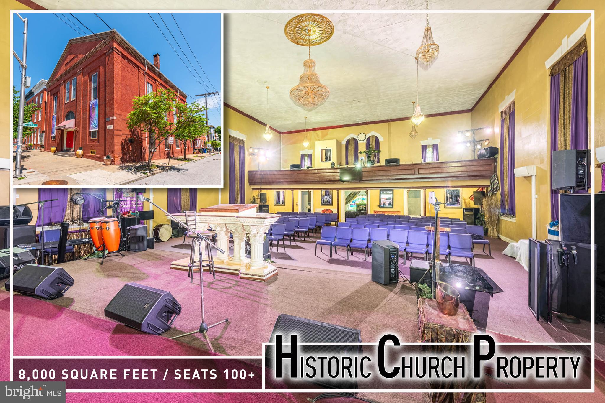 Historic Landmark Opportunity in the heart of Pigtown! This incredible church property offers over 8,000 sq. ft. of versatile space filled with character, charm, and endless potential. The expansive sanctuary features seating for over 100 worshippers along with impressive balcony seating, creating a grand and welcoming atmosphere. Additional spaces include a large banquet hall perfect for gatherings and events, a full kitchen, conference room, multiple classrooms/offices, nursery areas, and 4 half baths. Ideal for continued religious use, community organizations, educational purposes, redevelopment opportunities, or mixed-use concepts (buyer to verify zoning and permitted uses). Prominently located just minutes from downtown Baltimore, the stadiums, Inner Harbor, and major commuter routes, this is a rare chance to own a historic and highly adaptable property in one of Baltimore’s rapidly growing neighborhoods. Sold As-Is