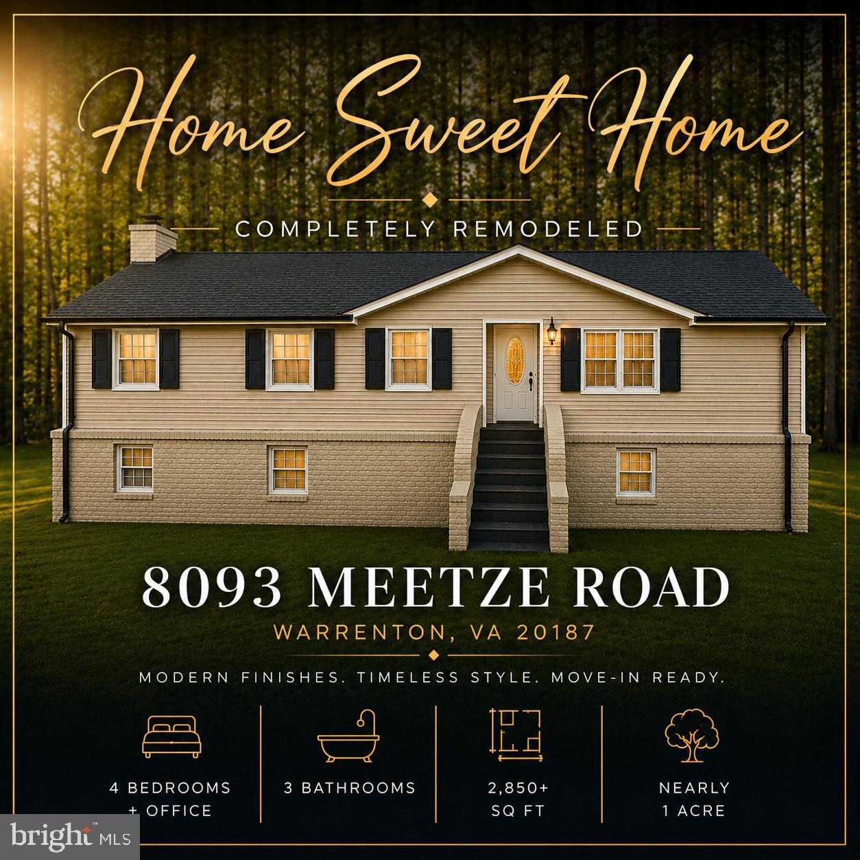 Completely transformed from top to bottom, this stunning 4-bedroom + office, 3-bath rambler offers the perfect blend of modern luxury and peaceful country living on nearly one acre in sought-after Warrenton. Every detail has been thoughtfully redesigned, creating a home that feels brand new while maintaining the charm of its established setting.

Step inside to discover an open, light-filled floor plan featuring new luxury flooring, fresh designer paint, stylish lighting, and quality finishes throughout. The show-stopping kitchen boasts custom cabinetry, new quartz countertops, stainless steel appliances, and abundant workspace for entertaining or everyday living.

Three fully renovated bathrooms showcase the same timeless finishes and attention to detail.  

Save $ with inspections already completed! Septic inspected and updated in 2026.  Termite inspection complete.  Water test complete.

Outside, enjoy exceptional curb appeal with all-new siding and an updated Trex deck overlooking the private backyard—perfect for relaxing, grilling, or gathering with family and friends.

With approximately 2,850+ finished square feet, generous living spaces, and nearly every surface updated, this home offers the rare opportunity to enjoy the character of an established yard with the peace of mind of a renovated home. Conveniently located just minutes from historic Old Town Warrenton, shopping, dining, wineries, breweries, commuter routes, and everything Fauquier County has to offer.

Move-in ready and designed to impress—this is one you won't want to miss.