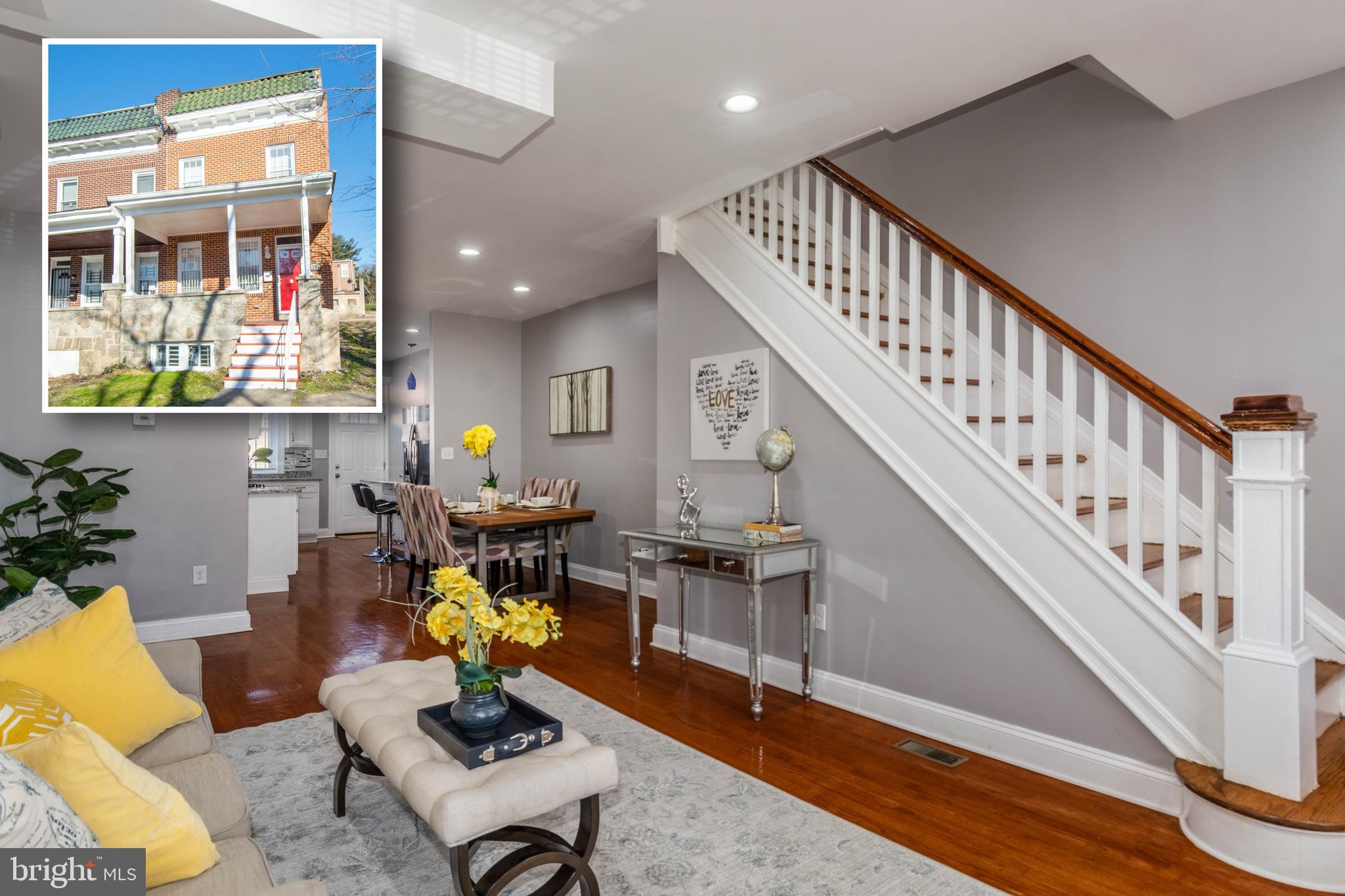 METICULOUSLY RENOVATED END OF GROUP ROWHOME WITH DESIGNER FINSIHES AND 3 FINISHED LEVELS!  Move right into this fully renovated home featuring new HVAC, open floor plan with hardwood floors throughout the main level, spacious living room and dining area, gourmet kitchen w/ black ss appliances, granite counters, and tile backsplash, main level half bath, upper level w/ 3 bedrooms and 1 full bath, fully finished basement with a family room or potential 4th bedroom and 2nd full bath, and a rear fenced patio!  This one has it all!