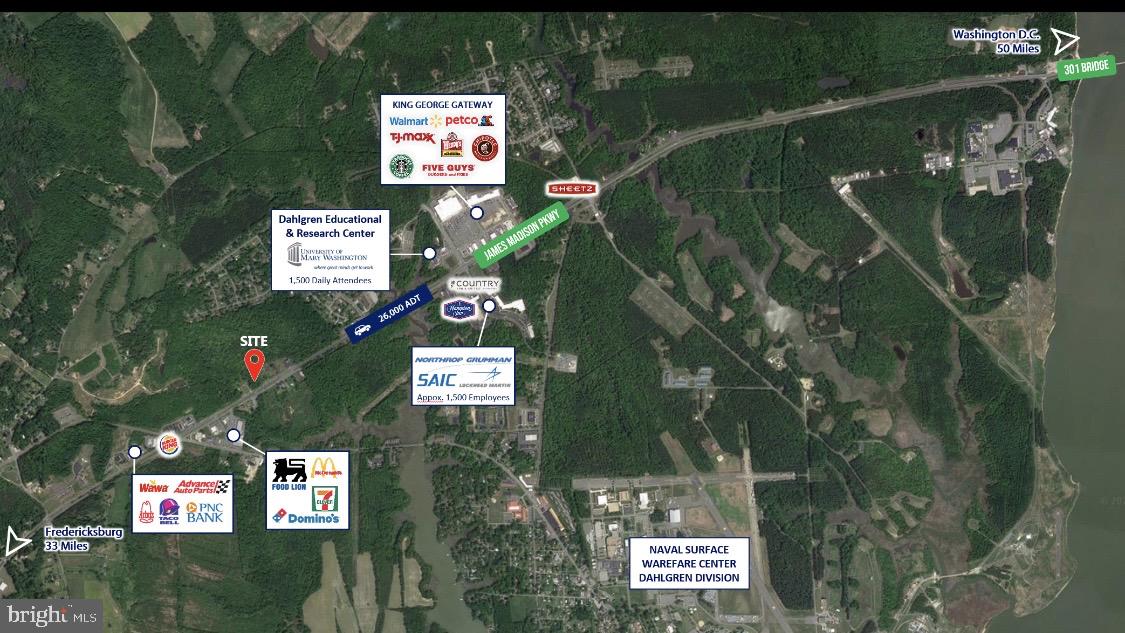 Zoning is subject to change therefore you are advised to get the details on what the zoning designations allows. You can do this by contacting the King George community Development office
 Fantastic opportunity to purchase acreage in this fast-developing commercial corridor on James Madison Parkway known as RT 301, 1/2 way between Washington DC & Richmond with an average traffic count of over 34,000 per day and growing. City water and sewer with ample capacity to serve additional commercial growth. Adjacent to Dahlgren naval base, University of Mary Washington center for technology and with dense office and retail nearby. Less than a mile from the new 4 lane Nice bridge and automated toll system Convenient to DC/ Maryland to the North and Hanover county/Richmond to the south. De facto outer beltway around DC for travelers avoiding I-95. High growth area in need of hotels, fast food, big box retail and mixed use development. Additional parcels available. C-1 zoning. See the document section for by right uses. Zoning is subject to change therefore you are advised to get the details on what the zoning designations allows. You can do this by contacting the King George community Development office