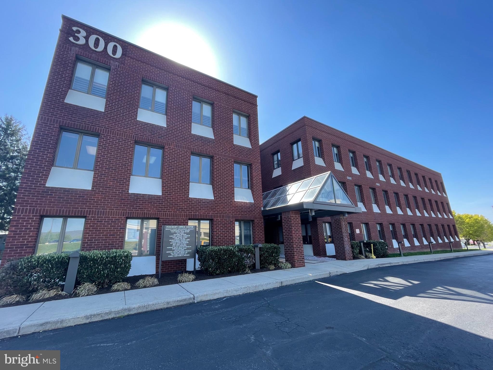 1st Floor office suite +/- 3,900 SF. Potential for additional adjacent +/- additional 1,000 SF.  Private restrooms, kitchen/ break area, storage, LAN room, reception area, 6 large offices, 2 conference rooms. Conveniently located along Foxcroft Avenue with excellent visibility and road front signage opportunity. Ample free parking. Convenient access to Interstate 81 Exit 13 and Downtown Martinsburg. Near Foxcroft Avenue restaurants, shops, and amenities. Square footage is approximate and subject to tenant due diligence.