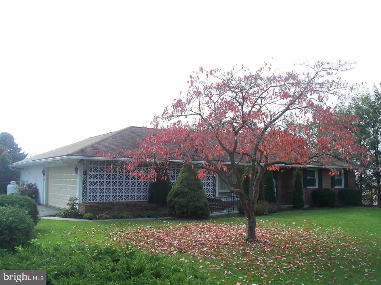 Solid Brick Rancher w/ private setting & convenient location.  2 car attached garage and Large Detached Building w/ 3 bays, work area, office, pellet stove, & kennel.  Perfect for cars, woodworking, lawn equip. etc...  New Carpet, New Deck, and some New Windows. FR w/ Stone Propane Fireplace. Lots of Closets & pull down attic. Large fenced yard lined w/pine trees