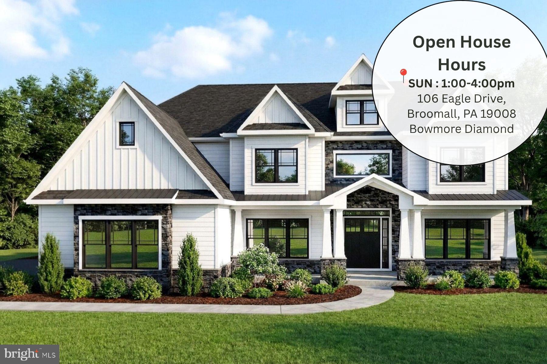 Open House: Visit the Bowmore Diamond at 106 Eagle Drive Broomall PA 19008 from 1:00 PM – 4:00 PM.
GPS: 106 Eagle Drive Broomall PA 19008

You’re invited to tour one of our floorplans we’ll be offering at Eddy Homes newest community BRONSON ESTATES.. 1+ acre homesites in Collegeville… Nestled in the heart of Collegeville, Bronson Estates offers an exclusive enclave of luxury homesites on 1-acre lots, thoughtfully designed for those who value space, privacy, and elegance.

Surrounded by lush natural beauty yet just minutes from shopping, dining, and top-ranked schools, this community perfectly blends tranquility with convenience. Whether enjoying a quiet evening on your expansive property, a stroll through nearby parks, or an outing to Providence Town Center, Bronson Estates places you at the center of it all. With timeless architecture, spacious floorplans, and the prestige of a limited collection of homes, Bronson Estates is where refined living and everyday ease come together.

Step into luxury with this stunning, modern craftsman-style home! Enter to a grand two-story foyer that flows into a spacious and open first-floor layout. An entertainer’s dream, this home boasts a gorgeous kitchen with a spacious island, a cozy morning room perfect for casual meals, and a formal dining room complete with a butler’s pantry. The grand two-story great room features an impressive two-story stone fireplace and window wall. Visitors will enjoy the first-floor guest suite with a private full bath. The second-floor owner’s suite flows into a luxurious bathroom sanctuary with a freestanding tub and a large corner shower. Touches of convenience and luxury on the second-floor include a beautiful laundry room, spacious bedrooms, and a jack and jill bath.