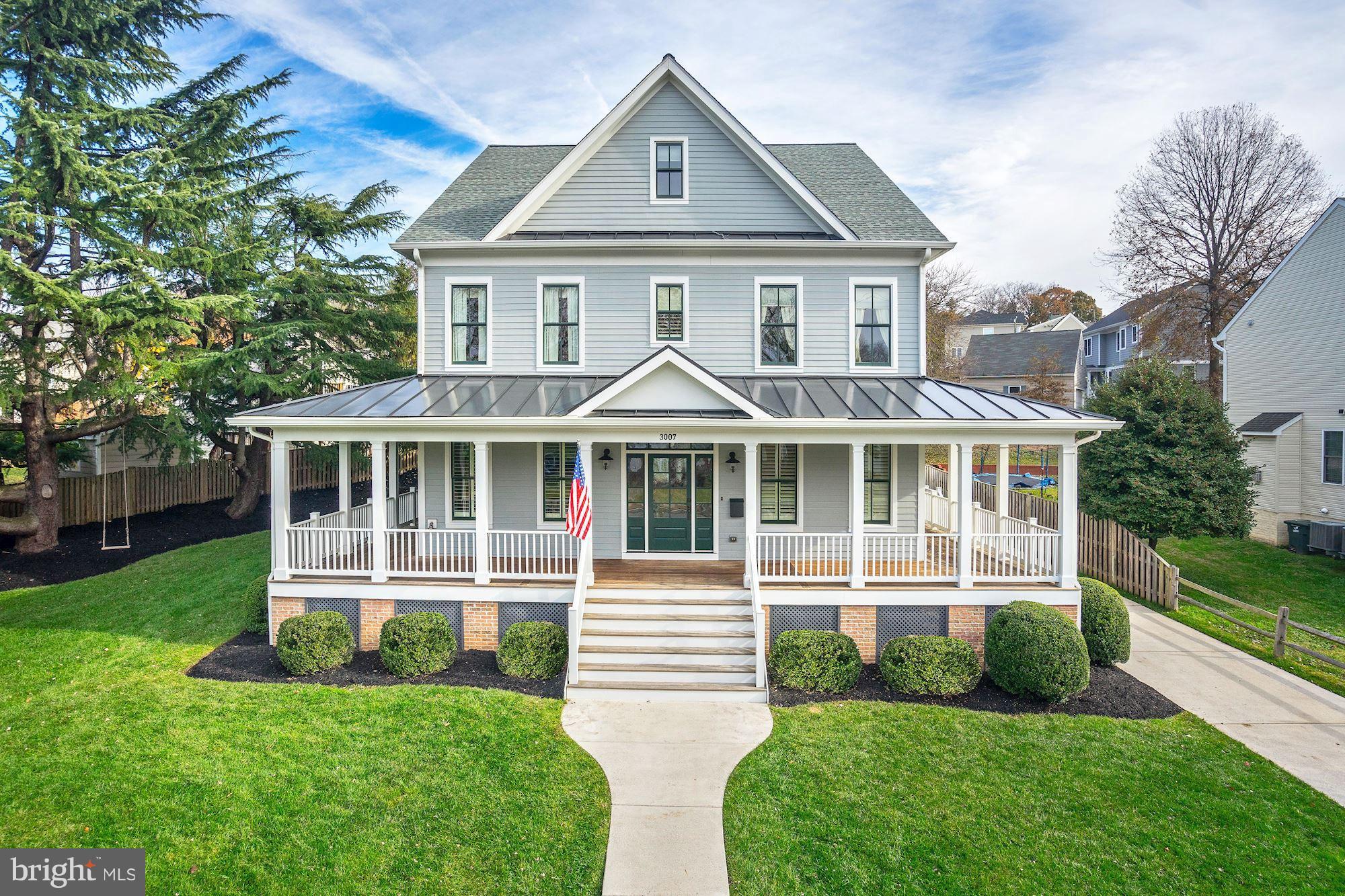 Stunning Modern Farmhouse on 1/3+ acre lot. Designer lighting, beautiful hardwood floors & exceptional finishes.  6100sqft+ of thoughtfully planned space.  Eat-in kitchen open to gracious family room, dining room with Butler s pantry, lib w/built-ins, Lux master! Exceptional outdoor living w/ wrap around Ipe porch & deck & ample rear lawn. Walk-out LL w/rec rm, gym, full BA, built-ins, & loads of storage. 2-car detached gar w/ finished space above.