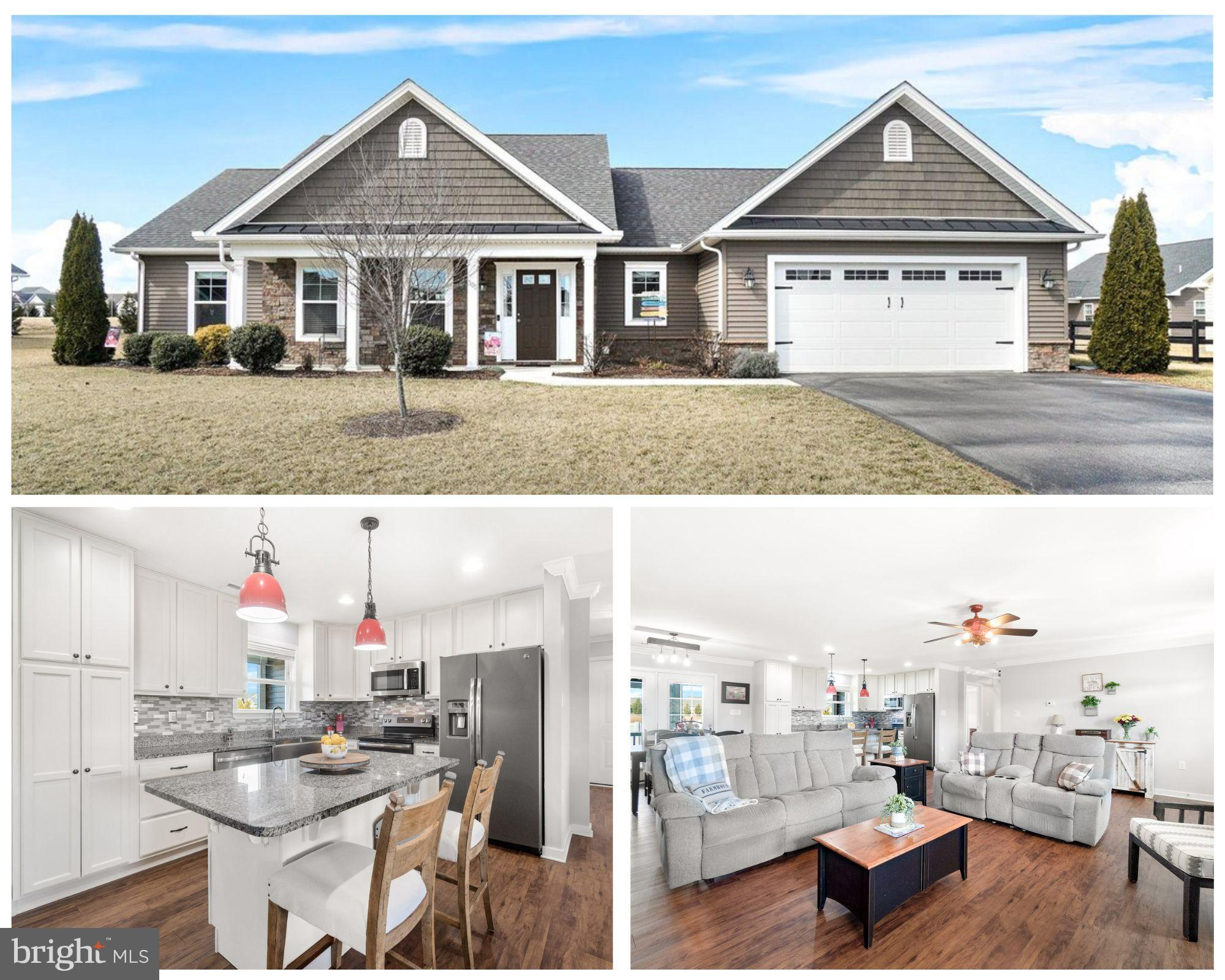 You will fall in love with this stunning rancher in Bridle Creek. This home exudes charm and quality and checks all the boxes. The open floor plan creates a bright and airy feel, perfect for modern living.  The large living room is open to the kitchen and dining area. The kitchen is complete with stainless steel appliances, granite counters, center island and 42" cabinets. The huge owner's suite offers a large walk-in closet and full bathroom with recent updates including upgraded tile in the oversized shower, shiplap accent wall and new double bowl vanity. Two more spacious bedrooms, a second full bathroom and a separate laundry room complete this home. The exterior features include accent stone work on the front porch, screened in back porch, fully fenced backyard and an oversized two car garage with attached workshop/storage room.