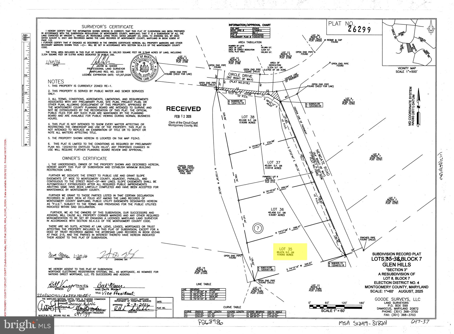 For Sale is Lot 35 in the county recorded plat 26299.  Address and tax id are assigned. This lot is located in a very nice Glen Hills area and ready to build.  Public water and public sewer. RE1 zoning with area close to an AC (40,262 SQF).