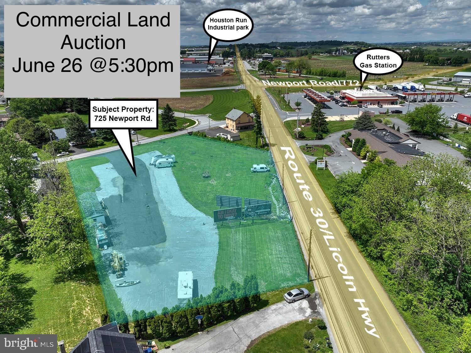Property is selling at a LIVE auction with online bidding available on Wednesday June 26, 2024 @ 5:30pm. The listed price is the suggested starting bid and does not represent the minimum or acceptable bid. This is a reserve auction subject to sellers' confirmation on auction day.

REAL ESTATE: Discover the potential of our 1.8-acre commercial lot located on the bustling Route 30 in Gap, P A, directly across from Rutter's and near Houston Run Business Park. This highly visible and accessible lot, which is half covered in gravel, is ready for development and ideal for a retail establishment or other commercial ventures. Situated in Salisbury Township within the Pequea Valley School District, the lot is zoned commercial and equipped with onsite well and public sewer, and electric service hooked up and ready for use. Annual taxes approx. $2,729. Billboard and office trailer on the property is not included.