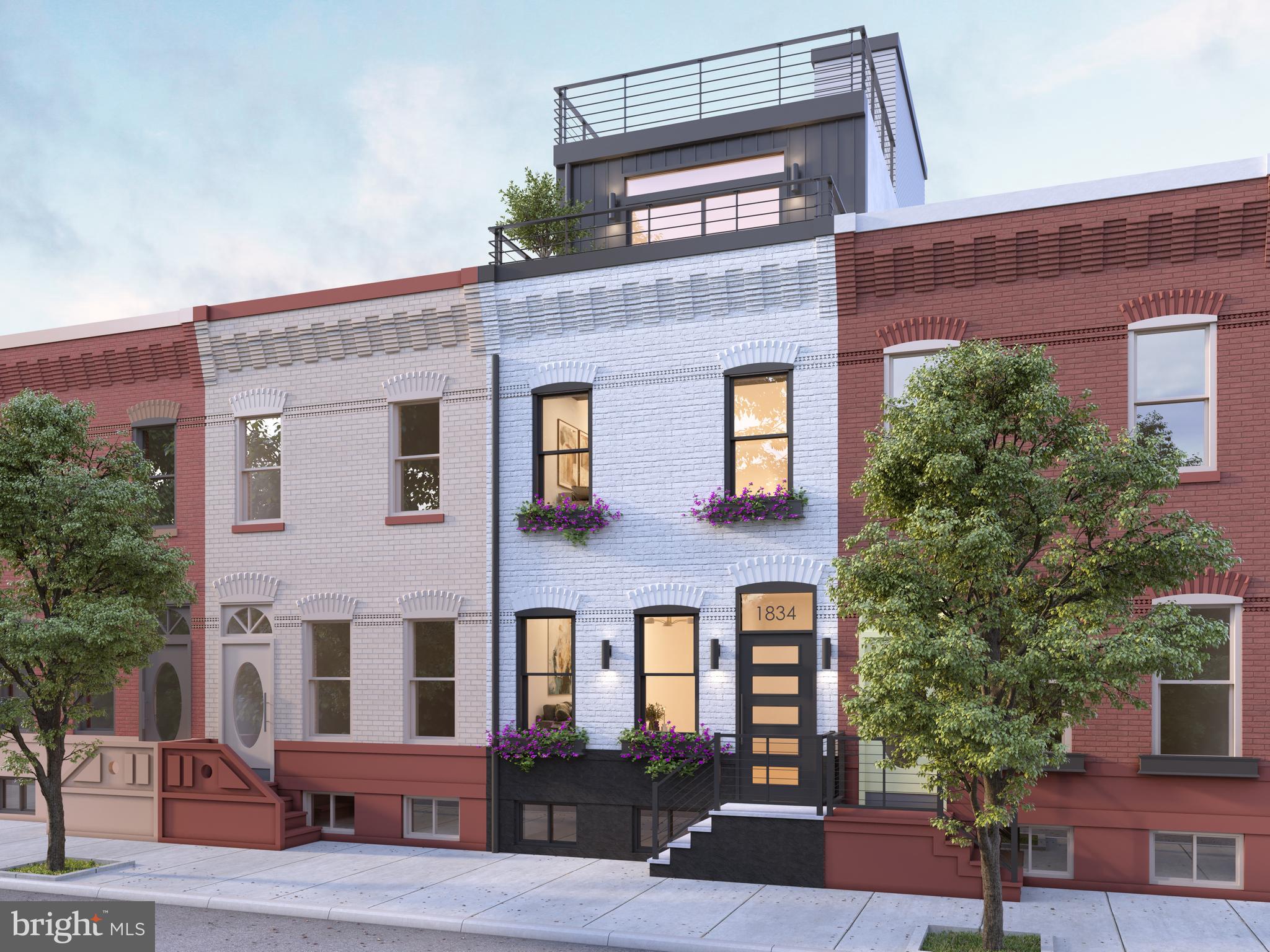 Welcome to 1834 Bainbridge Street! This brand new, new construction townhome located in the heart of Graduate Hospital boasts a stunning white brick exterior and includes 4 bedrooms, 4 full bathrooms, 20 + foot yard and a private roof deck. With sleek and modern custom finishes throughout the entire home, 1834 Bainbridge will be every buyers dream home! Upon arrival you will immediately notice the stunning main living space with an open floorplan layout living room and a full size dining room and kitchen. The luxurious chefs kitchen features an 11ft kitchen island, quartz countertops, plenty of kitchen cabinetry for storage and barstool seating. The kitchen also gives access to the very large outdoor yard. Head upstairs to the next level that is home to 2 spacious bedrooms with walk-in closet space, 2 full bathrooms and a room dedicated to laundry. Upstairs to the primary ensuite you will find plenty of space and an additional outdoor area that overlooks Bainbridge Street. This level also gives access to the private outdoor rooftop that has all the Center City skyline views you need. Downstairs to the fully finished basement, you have another bedroom & bathroom duo, along with a flex space perfect for your next entertainment room, home gym or even home office! 1834 Bainbridge is located right in the heart of Graduate Hospital and is steps from South Street, in close proximity to the Riverwalk, major highways, public transportation and a short distance walk right into Center City. Reach out for more information today! All pictures are renderings and are for illustrative purposes only. This property comes with a 1 year pre-paid parking spot.