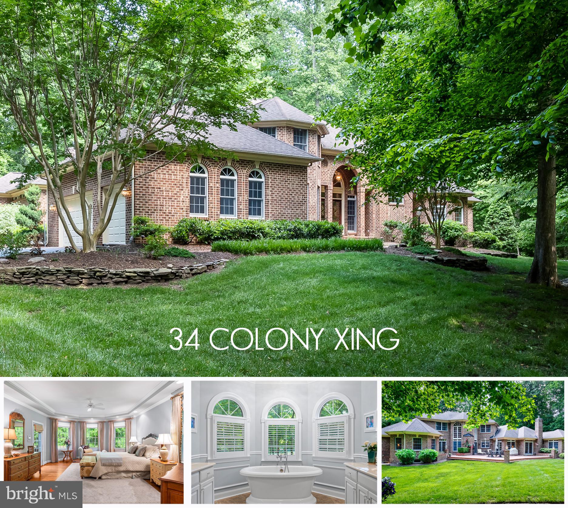 This impeccably maintained sprawling all brick home is situated on a private 2+ acre lot in sought after South River Colony. The grand entry foyer opens to a two story living room with floor to ceiling Palladian windows and a gas fireplace, the  formal dining room is ready to host your family gatherings, the study is centrally located, the kitchen features an upgraded custom island, 5 burner gas cook-top, Advantium wall oven/microwave, and a warming drawer. The family room features custom built-ins and a stone front gas fireplace with access through french doors to the brick patio for your outdoor entertaining needs. The primary bedroom suite and beautifully renovated primary bathroom exude luxury spa-like ambiance. A sitting room off of the primary bedroom makes for the perfect second office or nursery. Switchback stairs lead to a spacious guest bedroom with a renovated ensuite bath and two additional spacious bedrooms with a Jack 'n Jill bathroom. The basement is partially finished and offers an additional full bath along with plenty of space for recreation and abundant storage. Surrounded by trees with views of golf course fairways, the lush lawn offers mature landscaping and an irrigation system. The home is serviced by NATURAL GAS and is equipped with a generator! The hot water heater and  washer/dryer  were replaced in 2022, the lower level furnace was replaced in 2016 and several windows have "be cool" film. Located six miles from historic Annapolis and only 35 miles from DC, South River Colony is a 1,400 acre community comprised of approximately 300 acres of wooded preserves with walking trails, two pools, tennis courts and playgrounds as well as easy access to prime shopping, dining options, professional & medical offices and more. 34 Colony Crossing is located on the estate side of the privately owned Golf Club at South River (golf, fitness & social memberships available).
