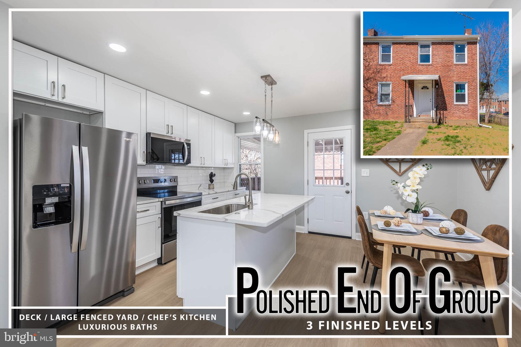 This beautifully renovated end-of-group home offers three spacious, fully finished levels with an open floor plan that maximizes space and natural light. As you enter the main level, you’ll be greeted by gleaming wood flooring that flows seamlessly throughout the living room and dining area, creating a warm and inviting atmosphere. The modern island kitchen is a true highlight, featuring elegant Quartz countertops, sleek stainless steel appliances, and ample cabinetry, perfect for both cooking and entertaining.  Upstairs, you’ll find two generously sized bedrooms, each with plenty of closet space, and a luxurious full bath with stylish finishes. The finished basement adds even more living space with a cozy family room, an additional bedroom, and a full bath, offering versatility for guests, a home office, or a private retreat.  Step outside onto the rear covered deck, a peaceful spot to relax or entertain, while enjoying the expansive, fully fenced yard—perfect for outdoor activities, gardening, or simply unwinding. This home offers a perfect balance of contemporary design, comfort, and functionality in a fantastic location.