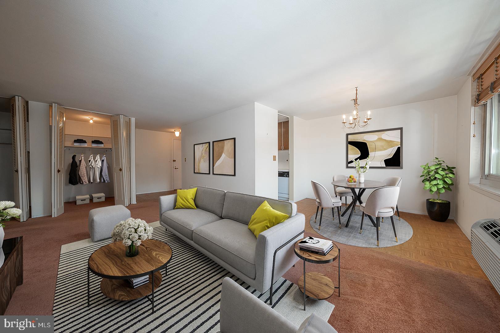 Wonderful 1-bedroom, 1-bath residence located on the desirable north side of the William Penn House is ready to tell it's next story. This 837 square feet unit features an open concept living and dining room with abundant natural light, in unit laundry and ample storage space.  The galley kitchen offers plenty of storage and workspace.  There is a generously sized bedroom with large closet and hall bathroom with bathtub completing this unit.  The William Penn House has 24-hour Security, 24-hour Doorman, On-Site Management, On-Site Maintenance, Amazing Rooftop 25-meter Swimming Pool w/ breathtaking views, Complete Fitness Center, On-Premises VALET PARKING available for $110 per month, THE MONTHLY FEE INCLUDES ALMOST EVERYTHING: All Utilities including electric, heat, air conditioning, water & basic cable, All Real Estate Taxes & Maintenance Package. This unit has an abundance of closet space, Washer and Dryer in unit, & newer top-of-the-line windows. This spectacular building has NEVER HAD AN ASSESSMENT! Nominal real estate transfer tax & no title insurance required. Experience the ability to walk out your door to first class, 4-star restaurants, fabulous shopping & all the conveniences of this sought after neighborhood. Walk score is a 98! WE NOW HAVE 30 YR. FIXED FINANCING W/20% DOWN PAYMENT. One time admin fee paid at closing.