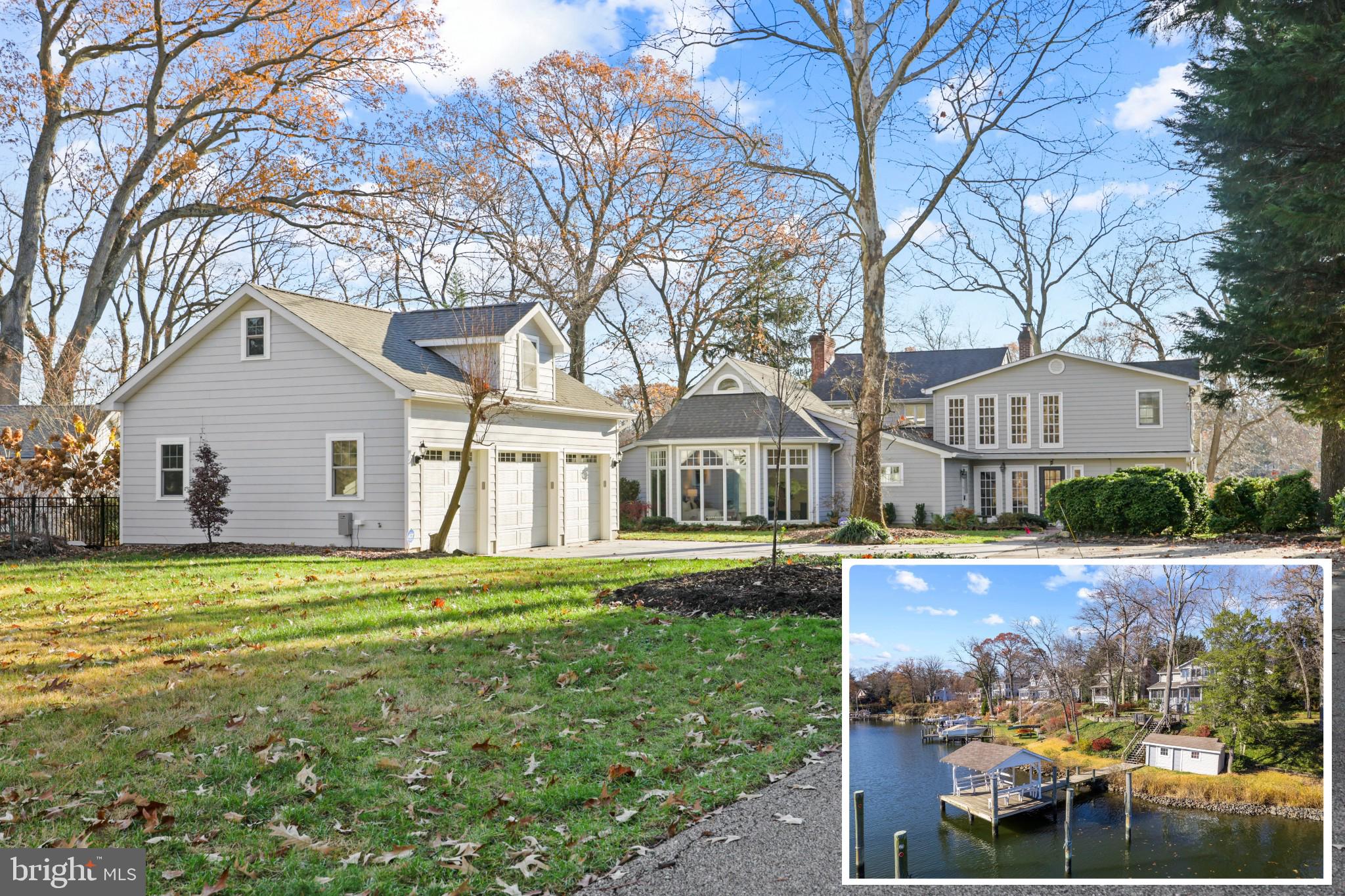 Exceptional Severna Park waterfront home perfect for enjoying the wonderful waterfront lifestyle. Entertaining family and many friends is at its best on this .69 acres property with large yard, a fieldstone patio, deck and stairs to the T- shaped pier with covered gazebo bench seating. This 5 bedroom, 4 bath home boasts panoramic water views from almost every room and a serene peaceful setting on protected Dividing Creek. Enjoy waking up in the morning to the exquisite sunrises over coveted Dividing Creek, with 180-degree views from the Magothy River up to the Creek headwaters. View Blue heron feeding along the shore, Canada Geese flying above in formation among many other wildlife activities. This coastal style home features an inviting 2 story sun-filled foyer which welcomes you into the home and opens onto the spacious Living Room with fireplace. No steps are needed to enter the main and kitchen doors in this multigenerational home. The open floor plan flows into the dining room and out to the screened porch overlooking the 123 ft of rip-rapped waterfront shoreline. The large screened in porch allows seating for many guests and family members and is great for al fresco dining. Adjacent to the screened porch is the Family Room with fireplace and Gourmet Kitchen with soaring ceiling. The addition of the light filled main level room with cathedral ceiling, attached full bath and wet bar provides the flexibility for a main level Bedroom suite for aging in place or can be used for whatever suits your needs.  The 4 additional bedrooms upstairs including waterside Primary bedroom suite with expansive views of the water, vaulted ceiling and ensuite bath. Other bedrooms provide ample space for friends and family stayovers. Enjoy relaxing on the screened porch daily as you take in the incredible water views. A detached 3 car garage, built in 2021, with 240v & 120v electric power, has an attached workshop and stairs leading to extensive storage attic and the long driveway provides parking for up to 6 additional cars. Plenty of space to host the many guests you are sure to have! The amazing deep water (8ft MLW) private pier and waterside shed is perfect for the boating enthusiast. Water activities include sailing and power boating, kayaking, paddle boards, canoes, rafting, swimming, fishing, crabbing and endless others.  The sought-after Manhattan Beach has access to several community beaches, a boat ramp, and clubhouse and the Severna Park location is convenient to the Baltimore-Annapolis bike trail, restaurants, shopping, entertainment, bus transportation and only a short distance to Annapolis and the Eastern Shore.  Blue Ribbon Schools. Welcome Home!