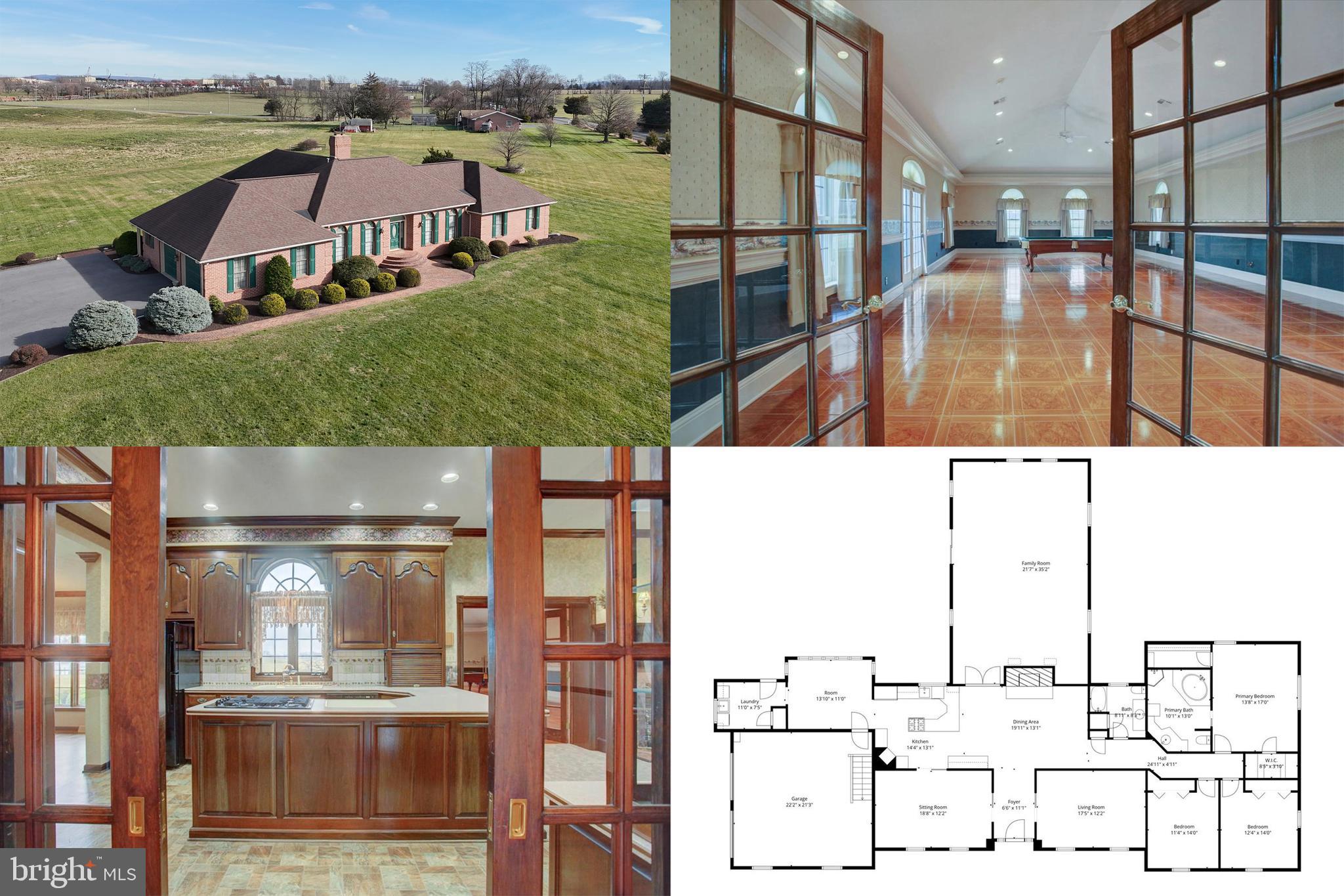 SEE VIDEO TOUR!!! This is the one you’ve been waiting for. . . the house on the hill that everyone knows!  Welcome to this beautiful, custom built, 3 bedroom, 3 bath all brick rancher on 2.55 acres.  Approaching the front door, you’ll find all brick steps leading inside to the stately foyer boasting stained trim, crown molding and gorgeous marble flooring. The dining room is adjacent featuring hardwood flooring, chair molding, full height windows, crown molding and tray ceiling.  Opposite the foyer is the formal living/sitting room with a continuance of the hardwood floors, full height windows, crown molding and tray ceiling.  Don’t miss the pocket doors leading to this room as well as the dining room and dining to kitchen area.  Leading from the foyer is the living room where you will find a beautiful natural gas fireplace with marble surround, marble hearth and stained mantle as well as matching stained wainscoting, crown molding and whole house audio system.  Adjacent is the kitchen with ample custom cabinetry, Corian peninsula and countertops, double oven, gas cooktop, country sink and a full complement of matching appliances.  The crown molding and tray ceilings continue to the kitchen area where a desk/hutch can also be found.  Ten-foot ceilings are found throughout these areas.  Transitioning from the kitchen is the breakfast nook area with, yes, you guessed it, crown molding and full height windows.  The laundry area is found through the nook area as well as a door leading to rear patio and entrance area.  Heading back through the kitchen with a quick left turn, takes you to the added great room of over 700 square feet which can only be described as MAJESTIC!  You’ll be taken by the gorgeous ceramic flooring, chair molding throughout, walk-out doors to the brick patio area and vaulted ceilings.  Family room, game room, theater room, office or all the above?  No problem!  Back through the living room area and down the hallway, you’ll find a full bath with tub/shower combination.  The primary bedroom is the next stop featuring crown molding, marble flooring, a walk-in closet and an additional cedar closet.  The adjacent en-suite bath includes a jetted soaking tub, shower stall, linen cabinet, vanity with make-up desk and continuance of the crown molding.  At the end of the hall, you will find two additional adequately sized bedrooms.  Back through the kitchen and off the nook area is the entrance to the 2-car heated garage as well as stairs to the basement area.  Descending the stairs, you will find almost 800 square feet of finished space which includes a sink area as well as an additional full bath.  Finally, is the utility/storage area offering 450 square feet of additional space, Bilko walk-out doors to the back yard area, wood stove and a connection to an exterior generator if desired.  Combine all of this with well insulated 2x6 construction, air gap, and a 4 inch all brick exterior, custom interior finishes and upgrades to the hilt, curb appeal well beyond the norm and a great location close to I-81 and downtown Greencastle and you may have just found the castle for which you’ve been looking!