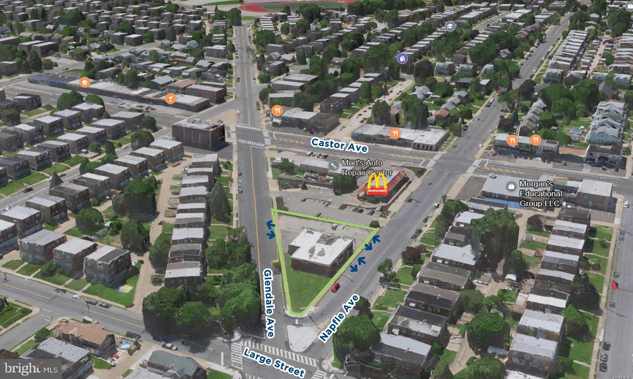 Presenting 2040 Napfle Avenue—a rare opportunity to acquire or lease a highly visible, freestanding commercial building positioned at the apex of a five-point intersection in Northeast Philadelphia. Situated directly adjacent to a high-traffic McDonald’s and just off the area’s primary commercial corridors, the property benefits from exceptional visibility without the congestion of main thoroughfares. The 5,000 SF single-story building sits on a uniquely shaped triangular parcel with frontage on both Napfle and Glendale Avenues, offering multiple access points and the ability to accommodate flexible parking configurations. At-grade construction allows for seamless drive-in capability, making the property ideally suited for automotive, medical, retail, or service-oriented users seeking accessibility, exposure, and operational efficiency.