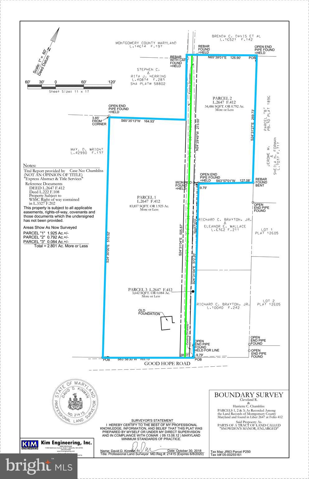 Three lots combined into one 2.80 acre lot for zoning and real property tax purposes allowing buyers to explore residential building opportunities on the largest lot along Good Hope Road. Montgomery County has waived platting requirements for the largest lot saving considerable time and expenses normally required to plat. A private gravel road provides access from Good Hope Road to the rear lot and is shared with other nearby property owners. A survey of the property showing the three lots and the gravel road is attached along with the zoning map that outlines the combined lots and the official waiver letter recently reconfirmed by the Montgomery County Planning Department.