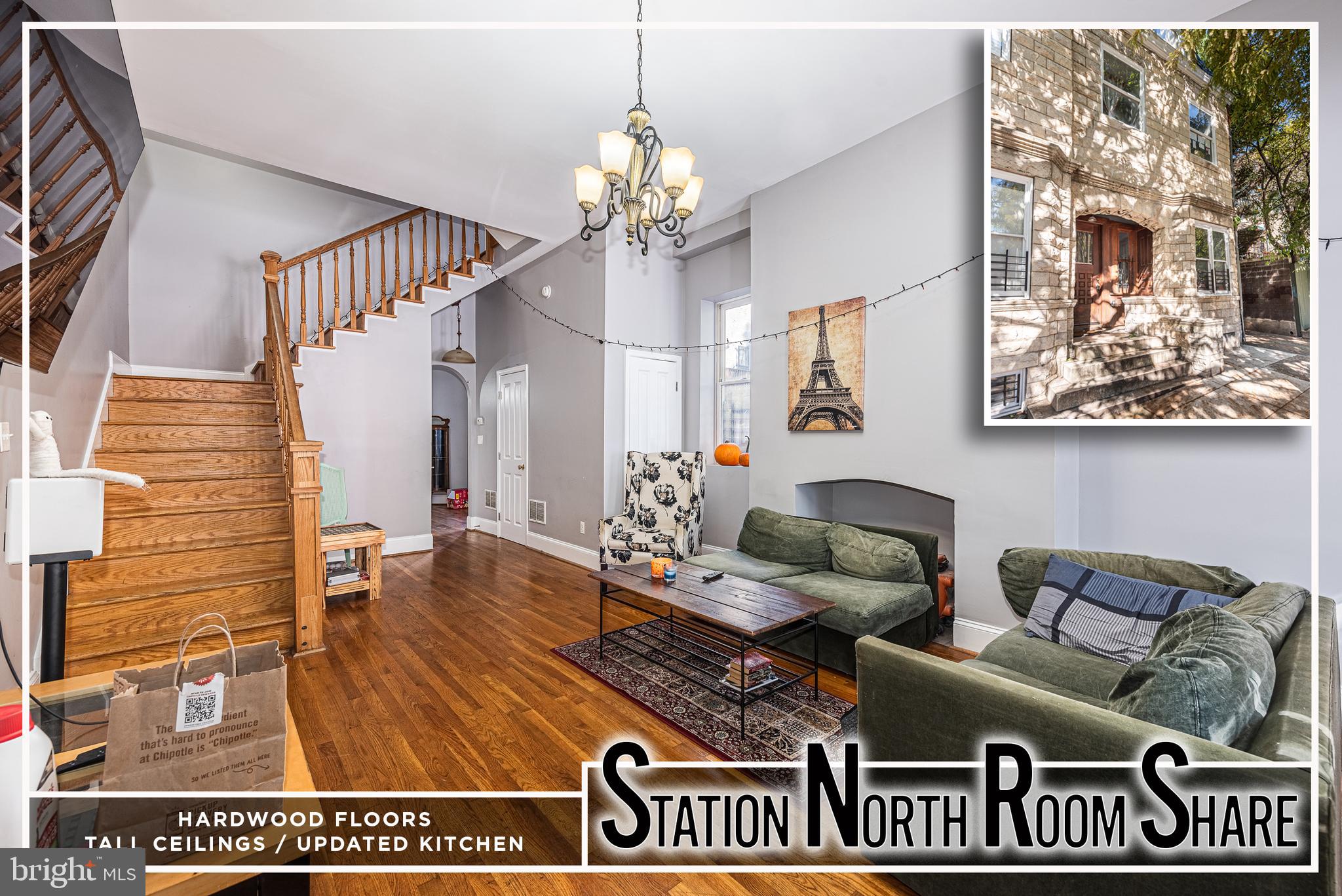 THIS IS A ROOM SHARE!  LIST PRICE IS FOR 1 BEDROOM IN A 3 LEVEL STATION NORTH ROWHOME WITH SHARED LIVING SPACES!  Available bedroom is located on the 3rd floor and features hardwood floors, tall ceilings, and a full bath located on the same level.  The shared living spaces include a living room, updated kitchen with ss appliances, and a main level half bath.  MUST HAVE GOOD CREDIT TO BE CONSIDERED!