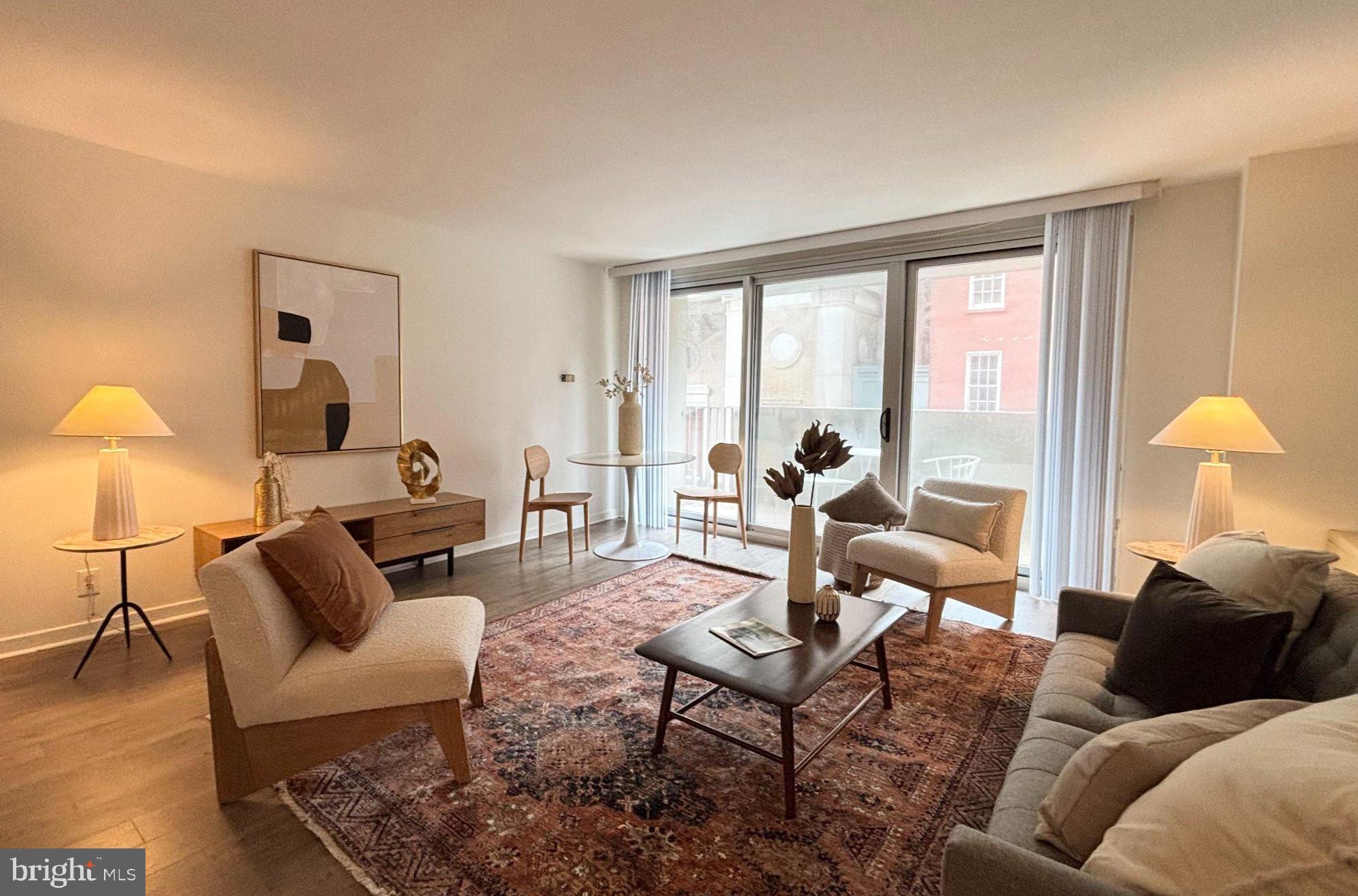 LARGE one bedroom condo in The Dorchester on Rittenhouse Square!  Great floorplan with excellent storage - including an oversized storage closet, bedroom closet with built-ins, and linen closet.  Updated kitchen and bath. The kitchen boasts warm wood shaker cabinets, a suite of stainless Frigidaire Gallery appliances, and a glass backsplash.  Enjoy the updated flooring throughout, along with new windows and sliding doors.  Great location in the building - southwest facing, on a low floor with a treetop balcony overlooking 20th Street.  HOA fees include all utilities except cable and internet.  24-hour doorman building directly on the Square.  Valet parking in the attached garage, seasonal rooftop pool and fitness center are available for an additional fee. The Dorchester does not allow pets; service animals are permitted. Some photos have been virtually staged.