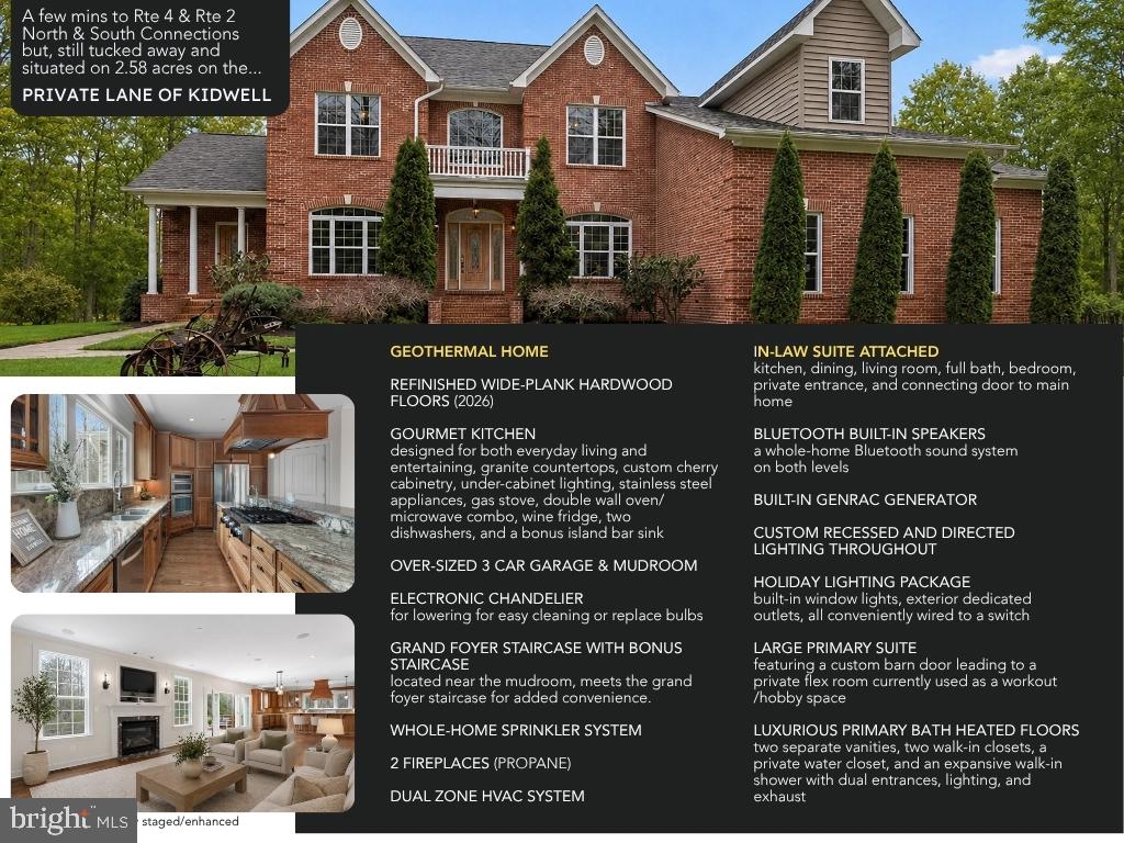 GEOTHERMAL Home on a paved private lane in the Anne Arundel County portion of Owings. Set behind a beautiful brick pillar entrance on 2.58 serene acres, this property offers privacy, mature evergreen borders, a spacious yard, and a Fenced section for added versatility. Relax on the peaceful back deck overlooking the natural beauty that surrounds the home. As you drive through the brick pillars, the custom design and grand presence of this property immediately stand out. This impressive home also features an attached in-law apartment, ideal for multi-generational living. A long private driveway provides ample parking, complemented by a 3-car garage in excellent condition. Step inside the front main entrance, you are welcomed by a grand front entrance, soaring ceilings, a grand staircase, and abundant natural light throughout. The 2026 refinished wide-plank hardwood floors on the main lower level add warmth and elegance. Enter from the garage through the mudroom into the open-concept kitchen and living area, where large doors lead directly to the back deck. A second staircase located near the mudroom meets the grand foyer staircase for added convenience. The gourmet kitchen is designed for both everyday living and entertaining, featuring granite countertops, custom cherry cabinetry, under-cabinet lighting, stainless steel appliances, a gas stove, double wall oven/microwave combo, wine fridge, two dishwashers, and a bonus island bar sink perfect for hosting. Special features throughout the home include with a turn of a key, a lowering grand foyer chandelier for easy cleaning, a whole-home sprinkler system, built-in speakers connected to the TV, and a whole-home Bluetooth sound system on both levels, DUAL ZONE HVAC system, Built-in Generator, Custom recessed and directed lighting throughout,  and 2 FIREPLACES (propane). There is also a holiday lighting package with built-in window lights for all year elegance, exterior holiday dedicated outlets, all conveniently wired to a switch. Elegant Formal dining room with plenty of space for family gatherings. Upstairs, the primary suite is truly a retreat, filled with natural light and featuring a custom barn door leading to a private flex room currently used as a workout/hobby space. This area also includes a safe that conveys and room for a sitting area with peaceful views of the front yard’s birch trees. The luxurious primary bath features heated floors, two separate vanities, two walk-in closets, a private water closet, and an expansive walk-in shower with dual entrances, lighting, and exhaust. The upper level includes four bedrooms, a central living area, and three full baths, including the primary bath. One of the secondary bedrooms has its own private full bath.
Additional highlights include stunning crown molding, built in CAT5 in most rooms, a charming formal dining room filled with natural light, and a large unfinished basement with high ceilings, pristine condition, and preparation for future expansion. The basement has been waterproofed and the home includes a French drain system installed at the time of construction for added protection. The attached in-law/multi-generational living space is thoughtfully designed with its own full kitchen, dining room, living room, bedroom, full bath, front entrance, finished staircase, and separate basement access. This home reflects thoughtful craftsmanship, quality design, and attention to detail at every turn. A rare opportunity to own a private, feature-rich property that truly has it all. Located minutes from North Beach TRAILS & HIKING, Chesapeake Beach,  Herrington Harbour North & South, ONLY 6 MILES TO THE NORTH BEACH BOARDWALK AND BEACH, and a variety of restaurants, shopping, parks and recreation. (21.5 miles) to JOINT BASE ANDREWS,  (26.6 MILES) TO NAVAL ACADEMY ANNAPOLIS, (41.2 MILES) TO PAX RIVER, (38.7 MILES) TO FORT GEORGE G. MEADE, AND (32 MILES) TO THE PENTAGON ***Pool is AI Generated, not deemed viable.