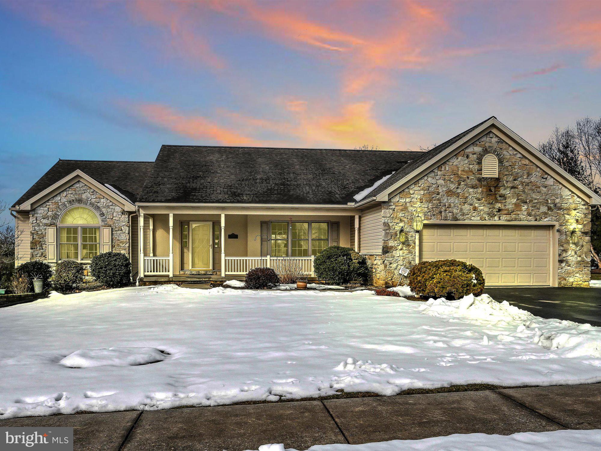 Rare Find!  NO HOA fees.  Ranch home with over 2500 SF on the Main Level with an additional 792 SF family room in the lower level.  Walking in the front door you are greeted by a spacious foyer and immediately  you are drawn to the light filled sunroom, adjoining the kitchen/dining area. The family room with the gas fireplace is a cozy place to settle in during these cold winter months.  The office is spacious and ideal for working at home.  Spacious Primary Bedroom and Bath.  The room sizes will not disappoint.  The laundry is located next to the Primary Bedroom.  The additional 2 bedrooms are on the opposite of the house with the one bedroom having private access to the 2nd full bath.  Very generous & plentiful size closets.  The lower level family room offers a gas stove, plus a workshop and an unbelievable amount of storage space.  New Water Softener in 2020,  Recent  Replacement Windows in the front and Primary Bedroom.   There is a Sunsetter Awning over the rear deck.  Enjoy sitting on your front porch to relax.  A large oversized 2 car garage with service door allows for additional storage/tools, etc.  The property adjoins Arbor Rose Estates.  Mount Joy Train Station less than 2 miles.  Don't wait.  Schedule your showing today!  Showings start on 2/19/21
