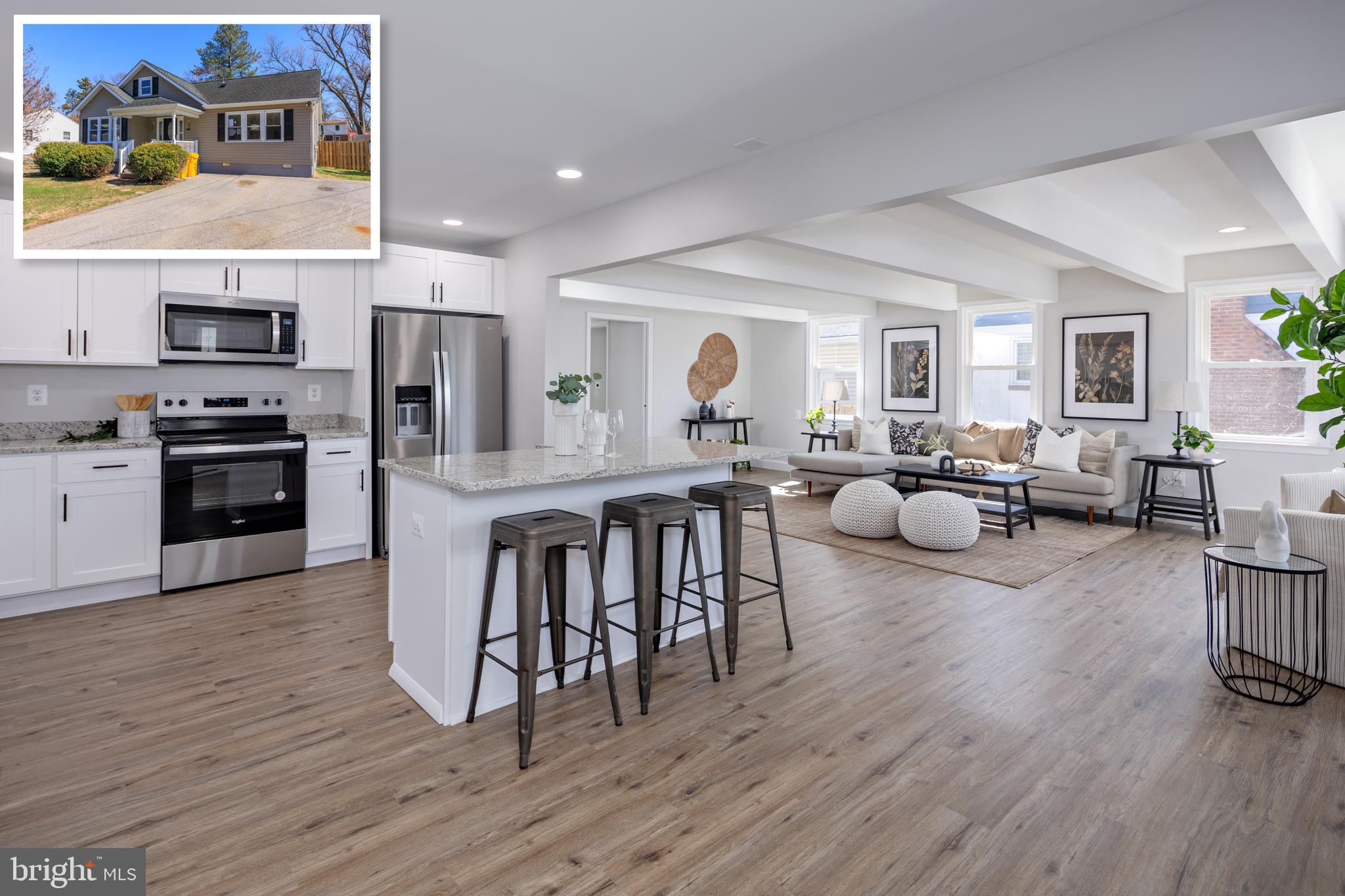 Welcome to this beautifully renovated home, meticulously updated from top to bottom with quality craftsmanship and modern style. Every detail has been thoughtfully considered, ensuring comfort, convenience, and peace of mind. Step inside to discover an inviting open-concept kitchen and living area, perfect for both relaxing and entertaining. The main living space features luxurious vinyl plank flooring, seamlessly flowing throughout. The kitchen is a chef’s dream, showcasing custom white shaker cabinetry, an expansive island, gleaming granite countertops, and high-end stainless steel appliances. Adjacent to the kitchen is a formal dining room, offering a perfect setting for family meals or hosting guests. The main level boasts two spacious bedrooms, two full bathrooms, and a convenient laundry room. Upstairs, you’ll find an additional bedroom and a generous master suite, complete with a walk-in closet and an impressive bathroom adorned with custom ceramic tile. The fully finished basement adds even more living space, ideal for a recreation room, home gym, or office. Step outside from the main living area onto the brand-new deck, where you can enjoy the serene view of the large, flat backyard. Additional amenities include a private driveway and a detached garage, providing ample parking and storage. Rest assured, all renovations were completed by licensed contractors, with proper permits secured. This home truly combines modern luxury with everyday practicality—schedule your tour today and see for yourself!