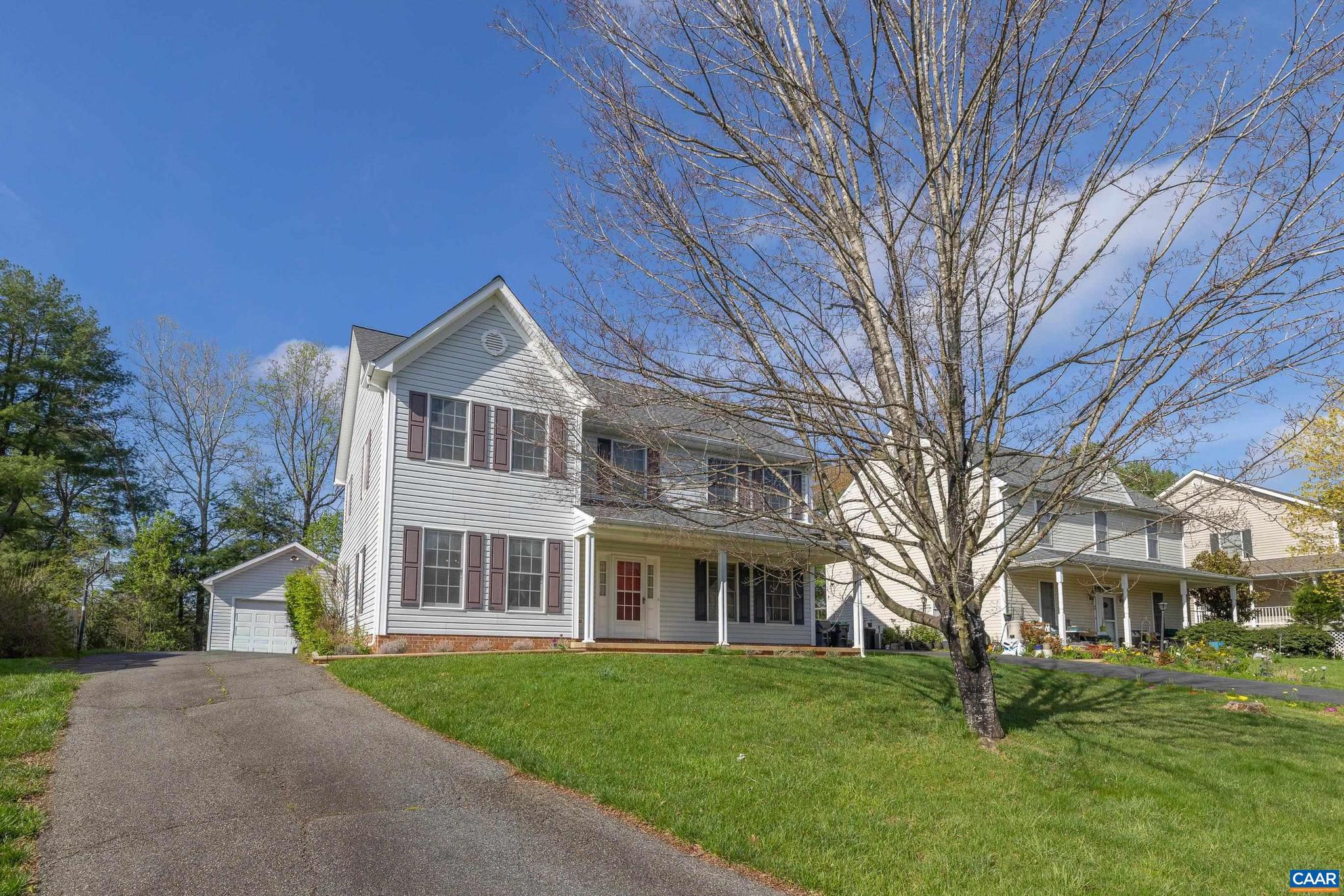 Tucked away on a quiet cul-de-sac in the highly desirable Hollymead neighborhood, this beautiful 4-bedroom, 2.5-bath Colonial is located just minutes from Route 29, grocery stores, restaurants, coffee shops, and everyday essentials. Take advantage of the adjacent trail to walk to the Hollymead Swim Club, Hollymead Elementary, and Lakeside Middle School. Inside, a thoughtfully designed and highly functional floor plan provides both spacious living and everyday practicality. Luxury vinyl plank flooring throughout the main level.  The inviting living room features a cozy gas fireplace. There is a large unfinished walk-up attic with lots of room for storage, future expansion, or playroom space. The laundry is on the bedroom level. Spacious owners bedroom with ensuite and walk-in closet and 3 bedrooms complete the second level. Step outside to enjoy a covered back patio complete with sitting area overlooking a large, fully fenced backyard?ideal for gatherings, pets, or play. A detached one car garage adds extra storage and flexibility. Brand new roof! This home offers the best of neighborhood living with convenience at your doorstep?don?t miss this opportunity to make it yours! OPEN HOUSE SUNDAY, JUNE 28th 12-2 PM!,Formica Counter,White Cabinets,Fireplace in Living Room