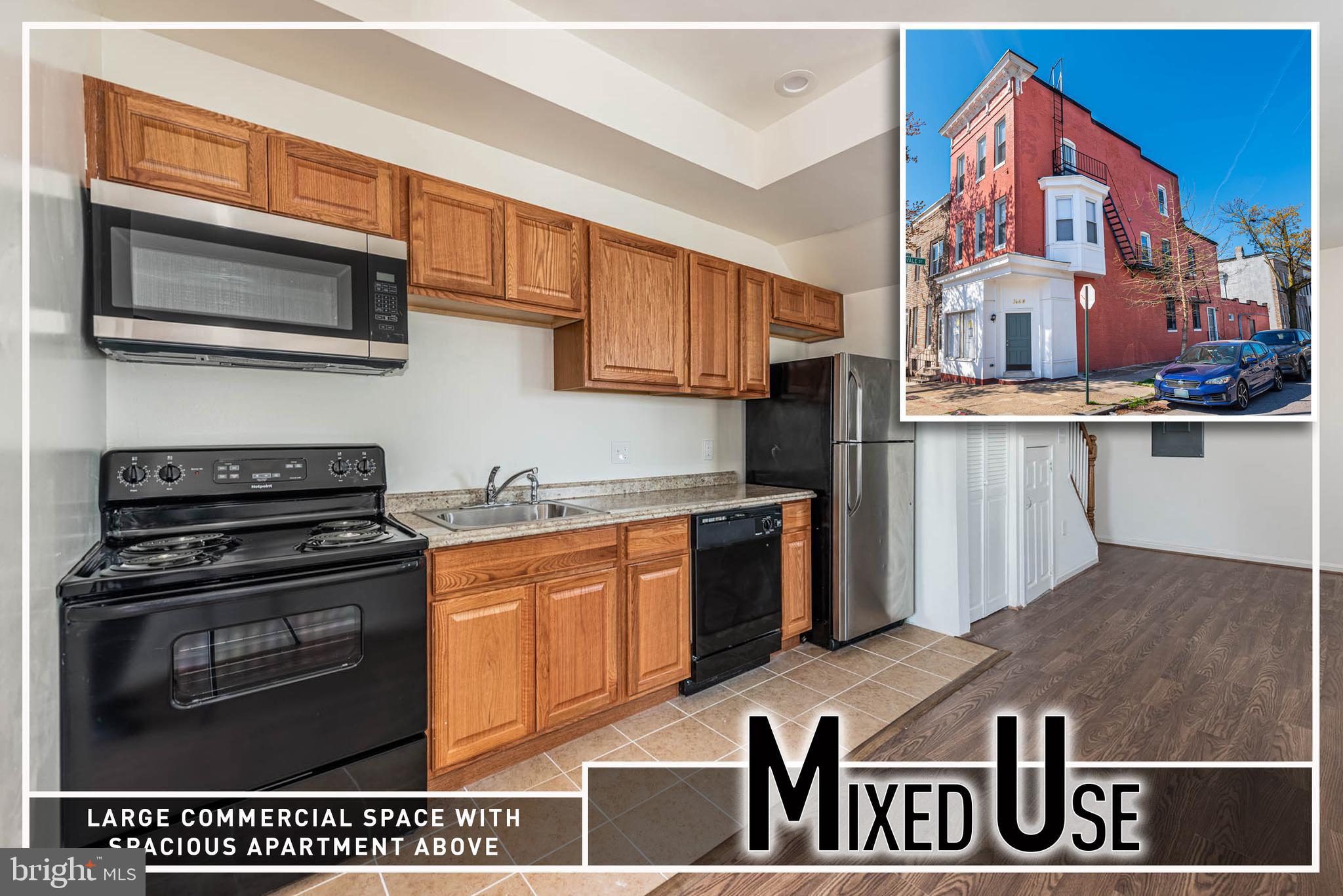 Turnkey mixed-use opportunity in the Oliver neighborhood! This expansive end-of-group property offers the perfect blend of commercial functionality and residential comfort, ideal for both owner-occupants and savvy investors.  The main level features a generously sized commercial space, including a 43’ x 14’ office/work area, a convenient kitchenette, half bath, and a large storage room complete with an industrial sink—well-suited for a variety of business uses. High visibility and flexible layout make this space adaptable for office, service, or light commercial operations.  Above, the upper two levels host a well-appointed 2-bedroom, 1.5-bath apartment. This residential unit boasts a spacious living room filled with natural light, a galley kitchen with a dedicated dining area, and the convenience of in-unit laundry. The thoughtful layout provides comfortable, private living quarters separate from the commercial space below.  Whether you're an entrepreneur seeking a live/work setup or an investor looking to expand your portfolio with a versatile income-producing asset, this property delivers strong potential and flexibility in a growing area.