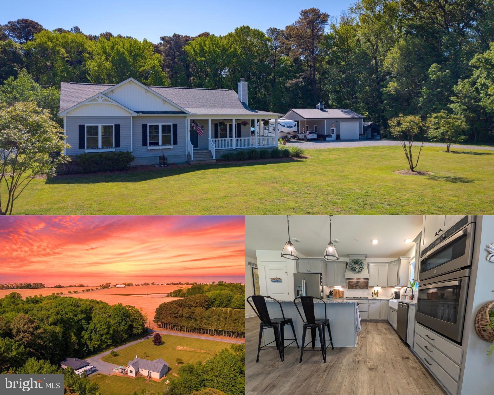 Custom-built and thoughtfully designed, this stunning one-level home offers the perfect blend of privacy, quality, and Eastern Shore charm on 2.5 serene acres just across from the Chester River and only two miles from the quaint waterfront town of Rock Hall. Built to the highest of standards in 2022, this newer home showcases designer touches throughout with an open, airy layout featuring three spacious bedrooms, 2.5 baths, and effortless everyday living all on one floor. Sunroom off kitchen is flooded with natural light and surrounded by lush views of backyard.
Outside, inviting wrap-around front porch invites guests, & the impressive heated outbuilding offers endless possibilities with ample storage, 320V electric, and a covered overhang ideal for camper or boat parking. No HOA! Whether you’re seeking peaceful full-time living, a weekend retreat, or space for hobbies and entertaining, this exceptional property delivers the lifestyle Eastern Shore buyers dream about. Meticulously maintained and move-in ready, she’s waiting for her lucky new owners.